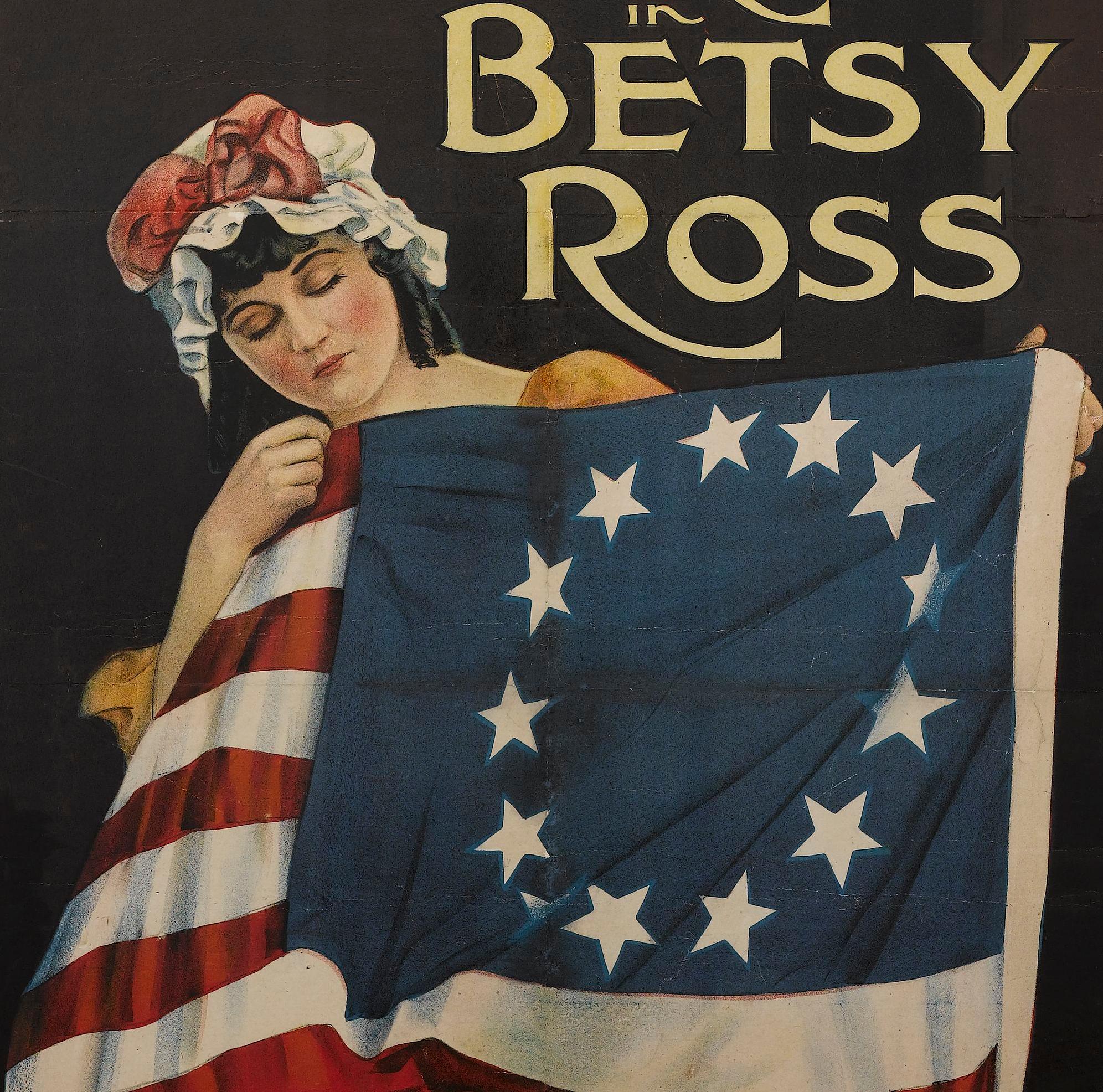 Presented is an original WWI-era lithograph poster, circa 1917. This original poster advertises the black and white film Betsy Ross, which featured actress Alice Brady. The poster features an image of Brady as Betsy Ross in center, carrying a