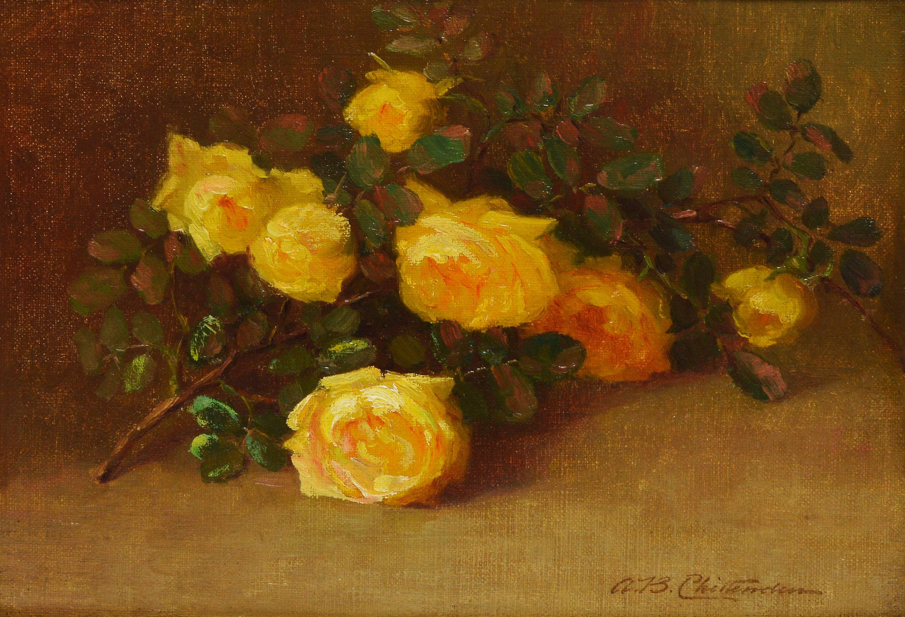 Impressionist view of yellow roses by Alice Brown Chittenden  (1859 - 1944).  Oil on board, circa 1900.  Signed lower right.  Displayed in a giltwood frame.  Image size, 14