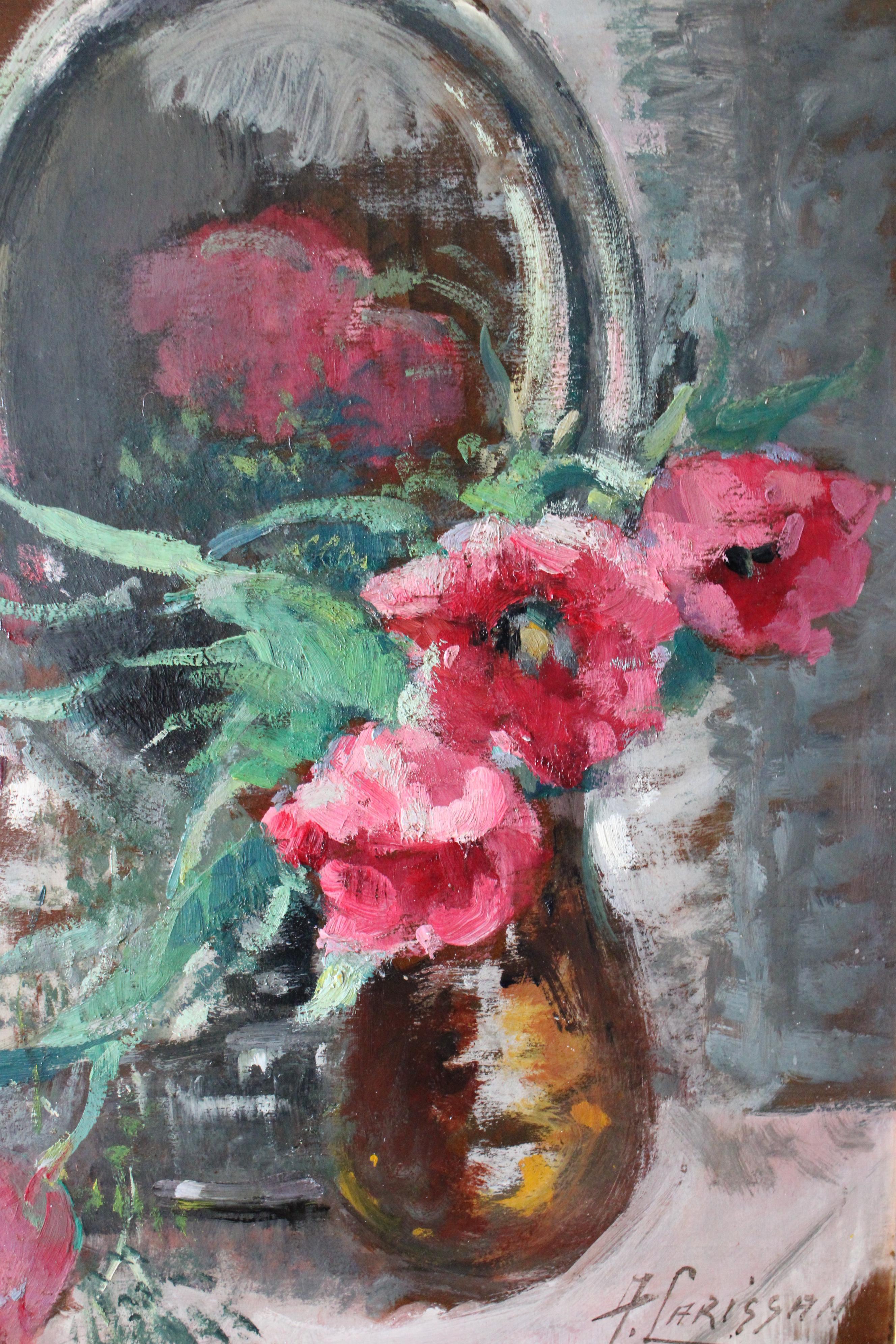 Antiguo bodegón impresionista francés al óleo de tulipanes de Alice Carissan - Painting de Alice CARISSAN