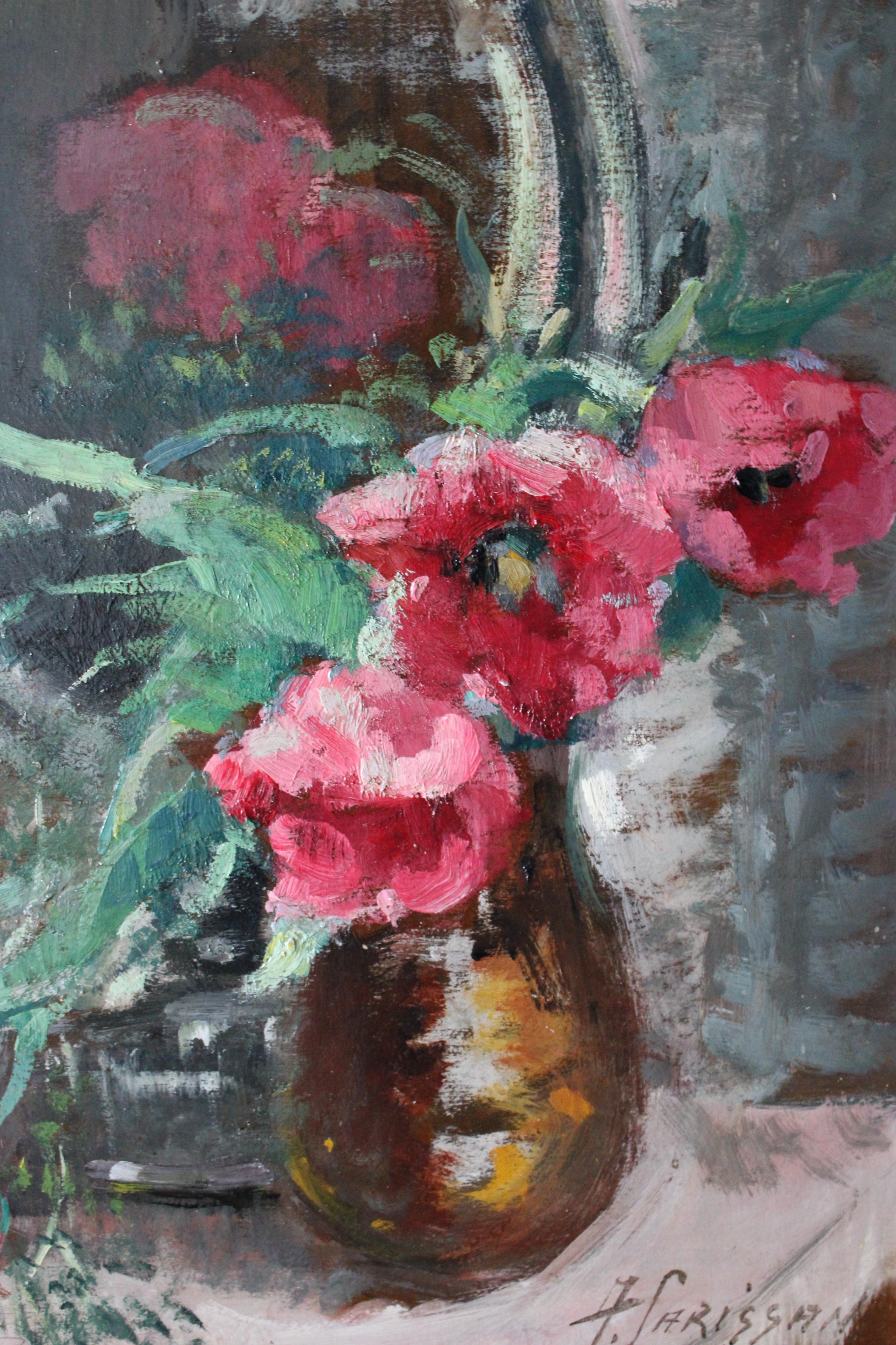 Antiguo bodegón impresionista francés al óleo de tulipanes de Alice Carissan - Painting Escuela francesa de Alice CARISSAN