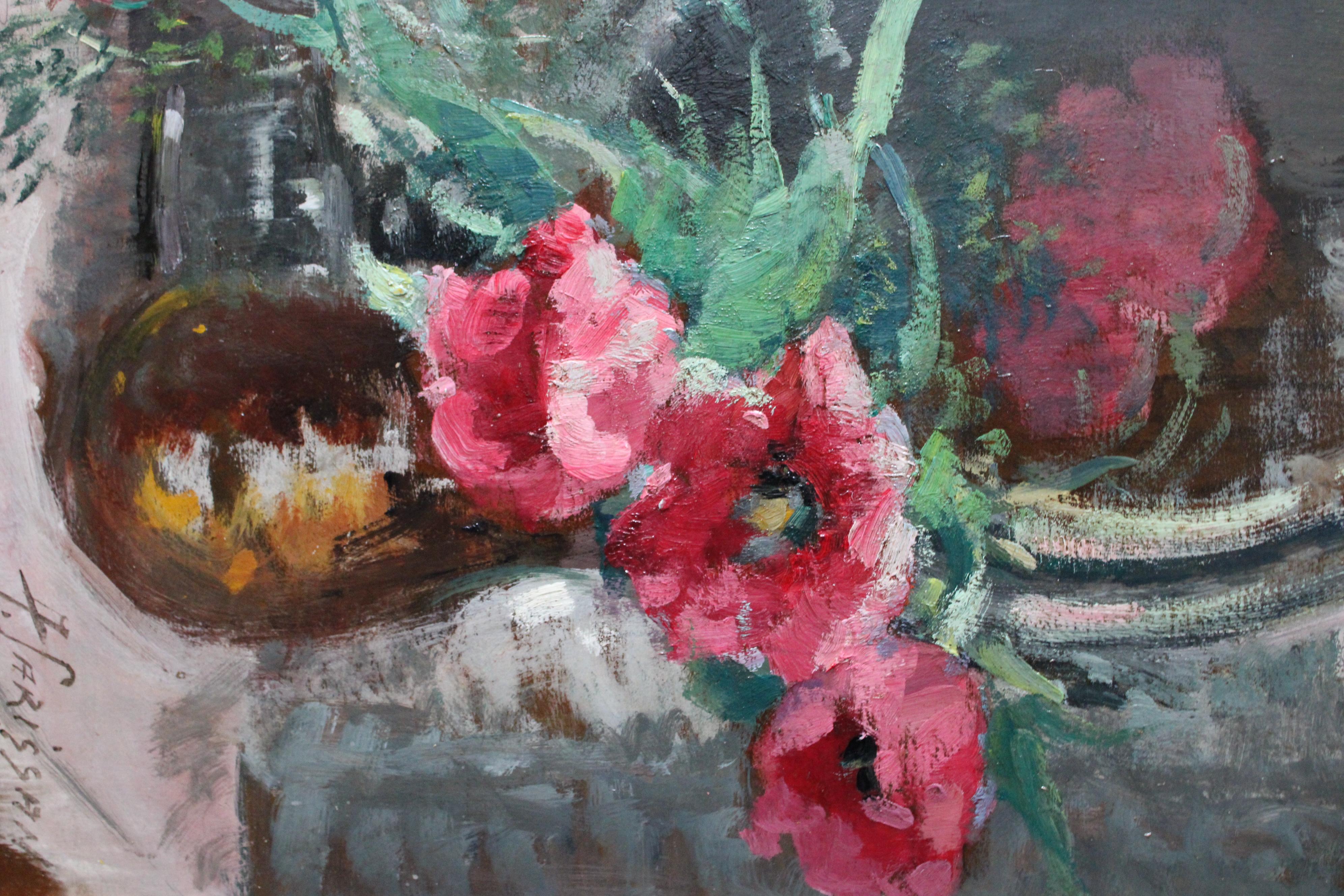 Antiguo bodegón impresionista francés al óleo de tulipanes de Alice Carissan - Still-Life Painting Marrón de Alice CARISSAN