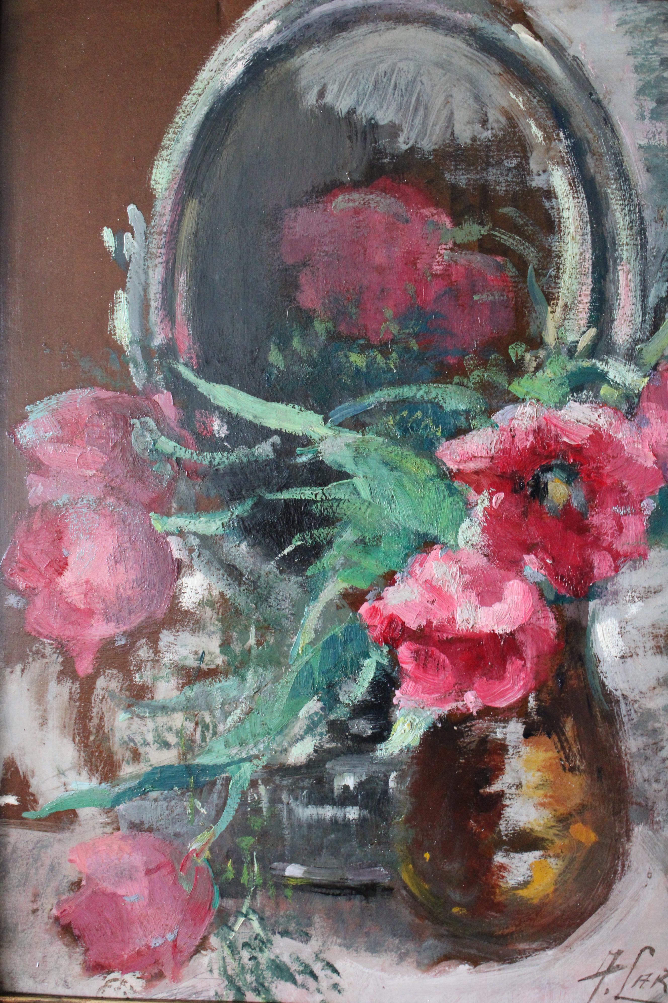 Antiguo óleo impresionista francés bodegón original enmarcado Óleo floral francés de peonías rojas de Alice Carissan (1869-1964).  Se trata de un impresionante óleo impresionista sobre tabla gruesa, obra de una cotizada artista francesa, sobre cuya