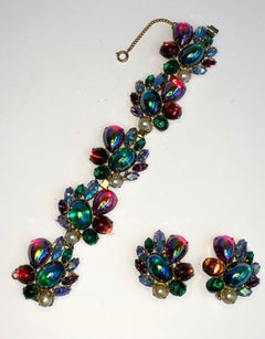 Alice Caviness Bracelet et boucles d'oreilles en strass et souffle de dragon (années 1950)