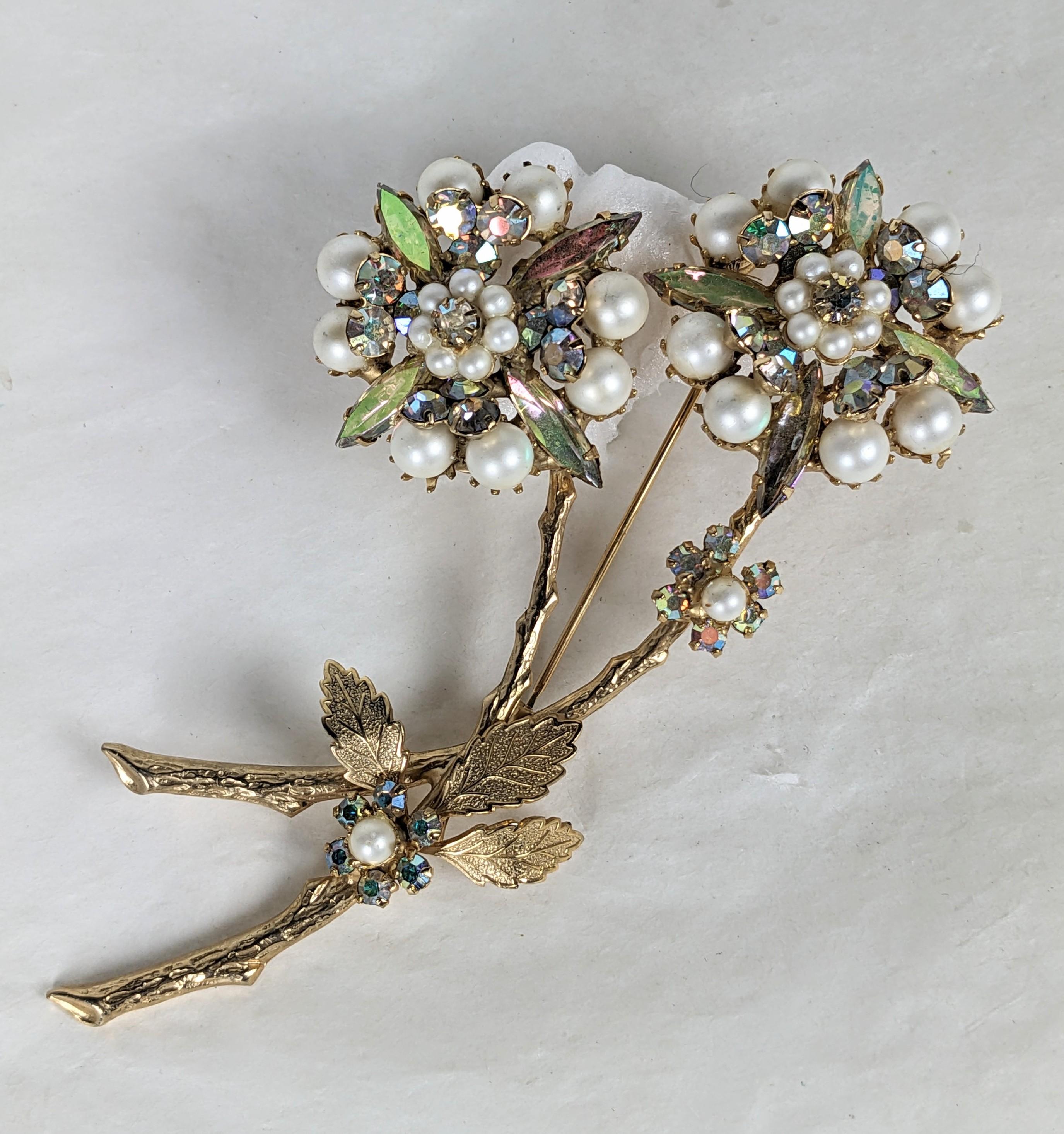Artisan Alice Caviness Aurora and Pearl Floral Spray Brooch For Sale