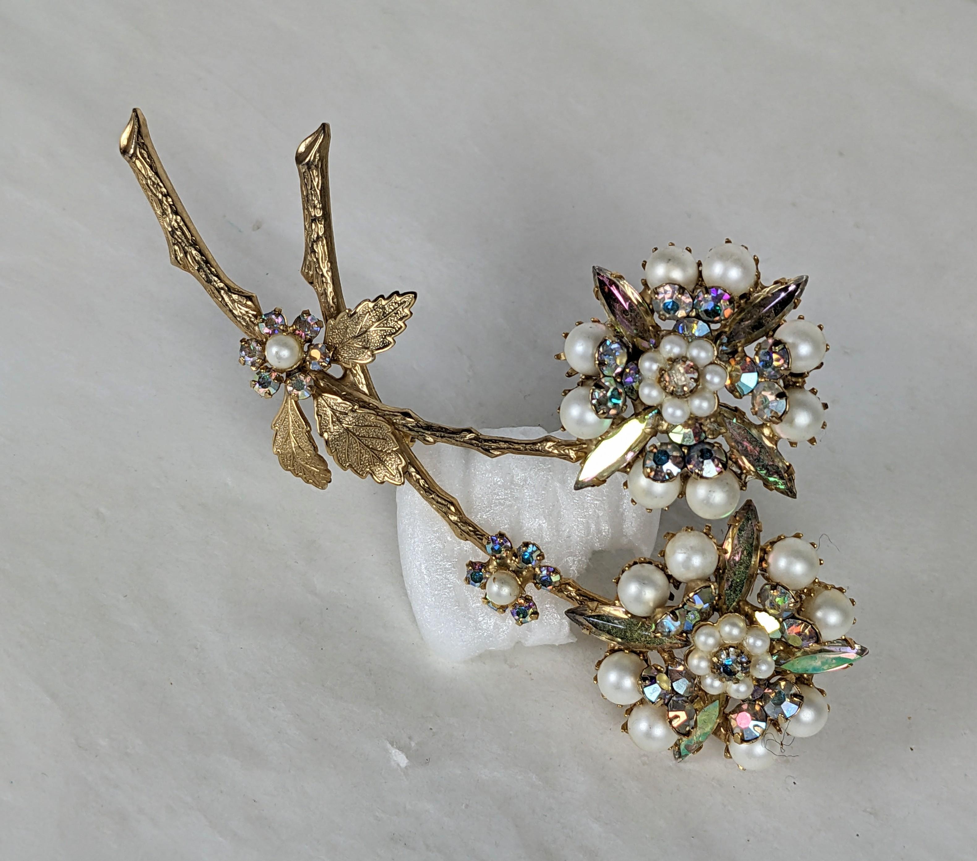 Alice Caviness Aurora and Pearl Floral Spray Brooch In Excellent Condition For Sale In New York, NY