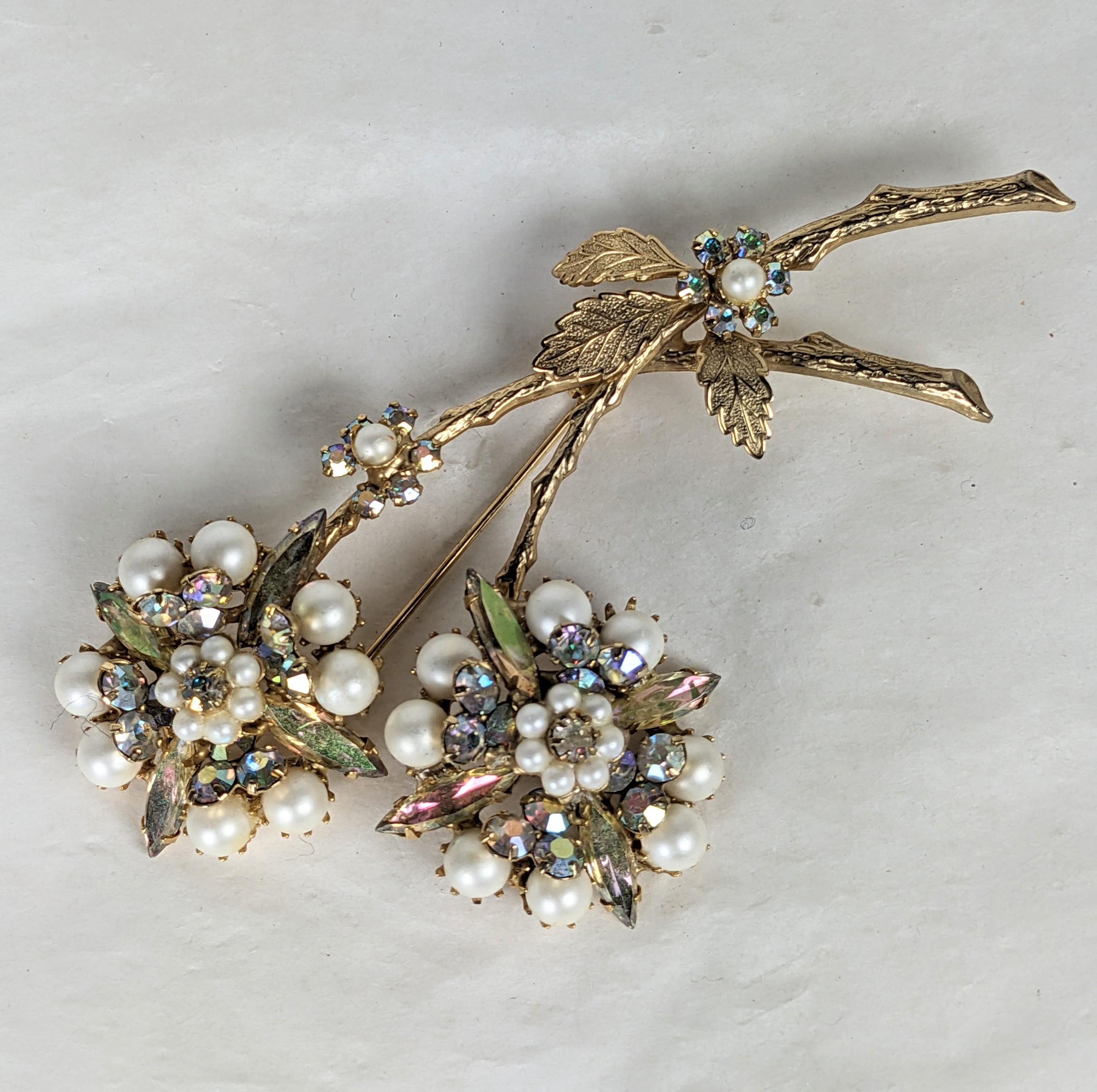 Alice Caviness Aurora and Pearl Floral Spray Brooch In Excellent Condition For Sale In New York, NY