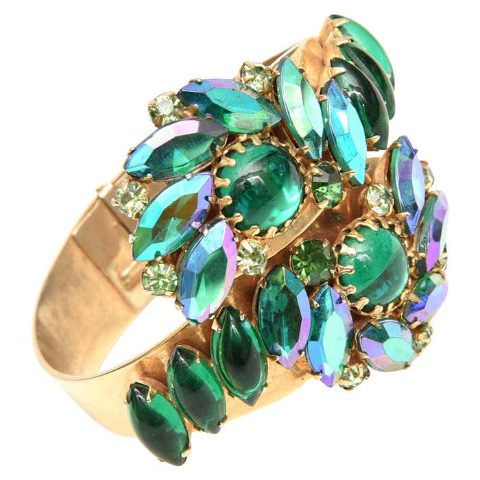 Alice Caviness Colored Crystal and Gold Tone Clamp Bracelet Mid Century ...