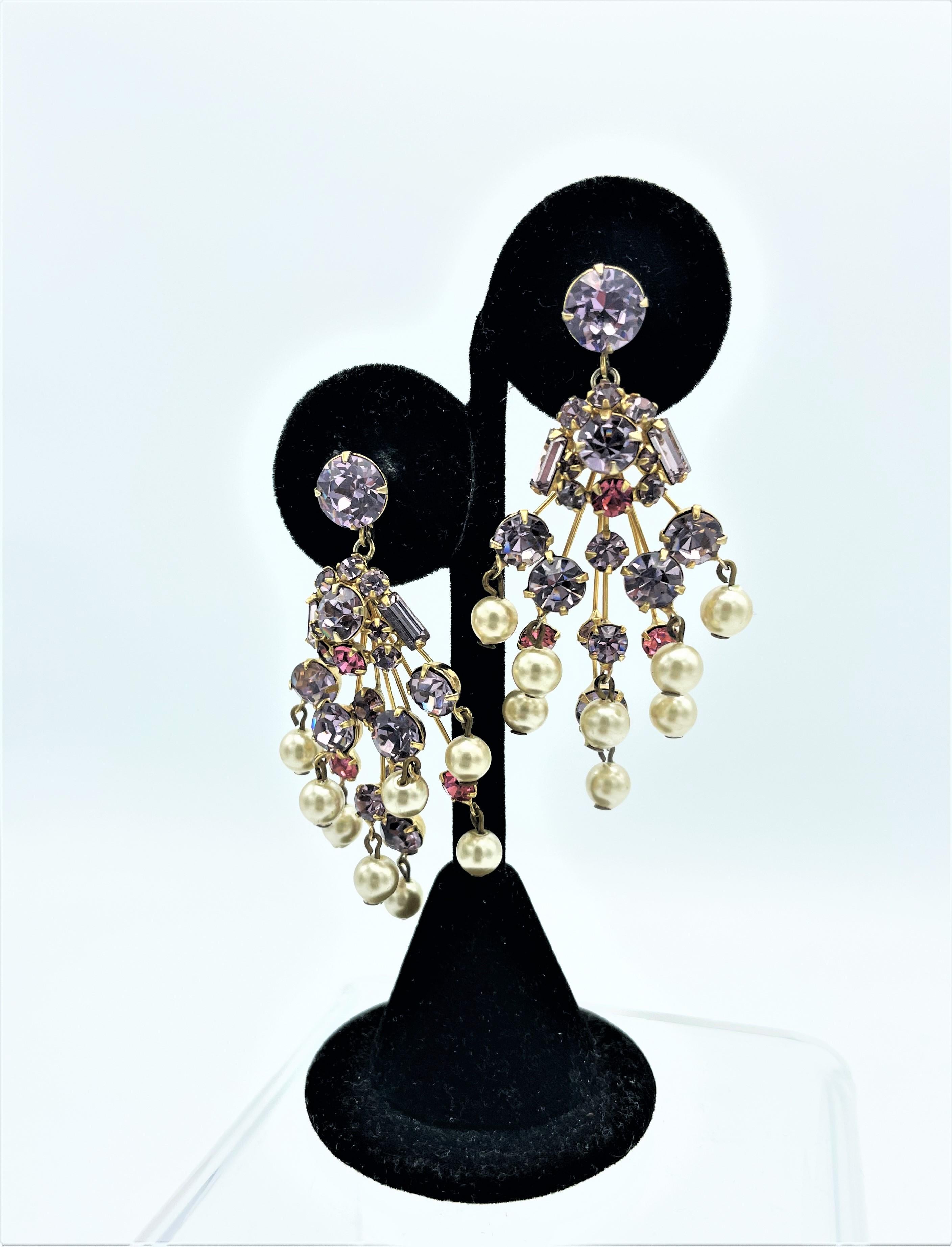 Alice Caviness NY,  stud earrings with rhinestones and faux pearls, 1980s 2