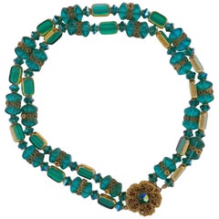 Alice Caviness Peacock Green Double Strand Beaded Necklace, Signed, circa 1950