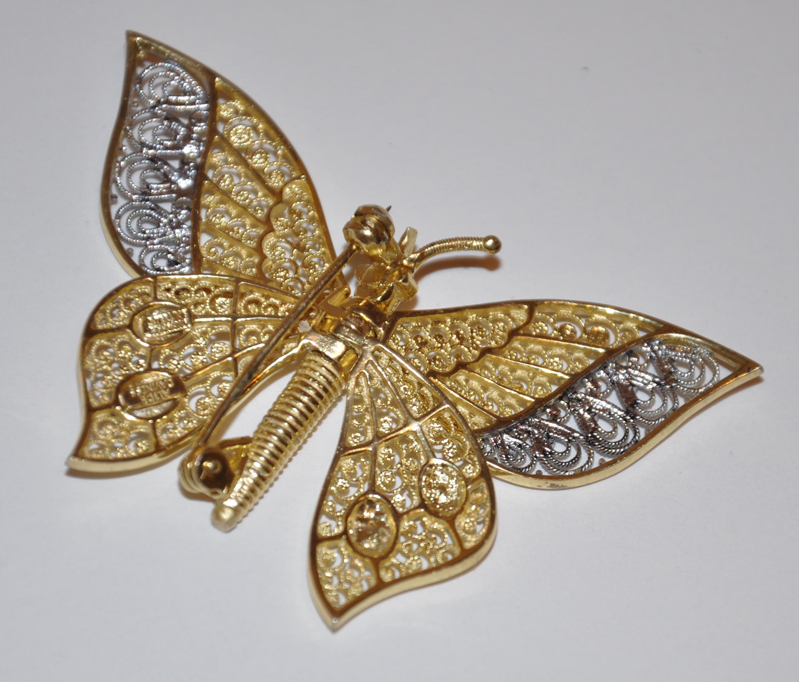 Artisan Alice Caviness Sterling Silver with Gold Overlay Moveable Butterfly Wings Brooch For Sale
