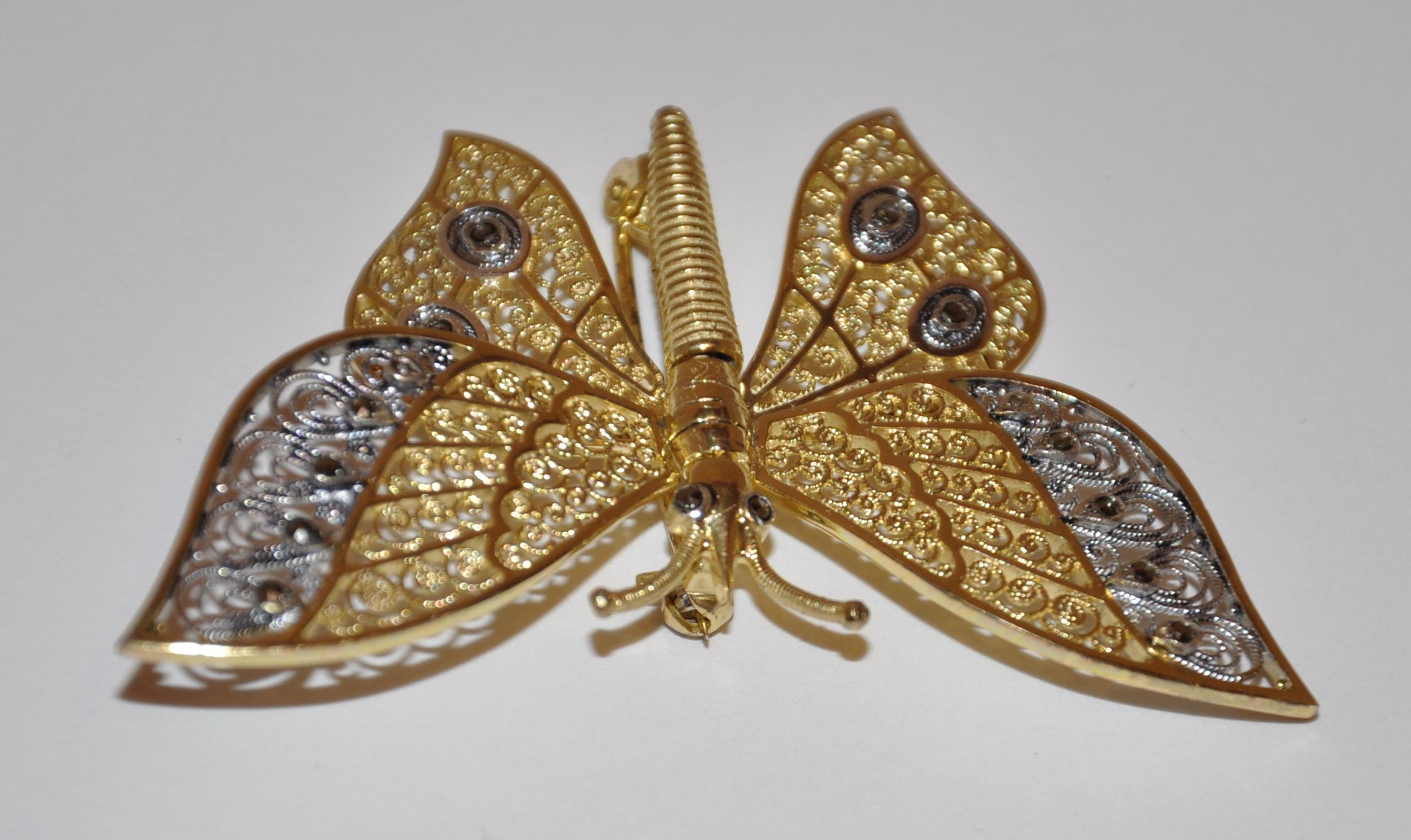 Alice Caviness Sterling Silver with Gold Overlay Moveable Butterfly Wings Brooch For Sale 1