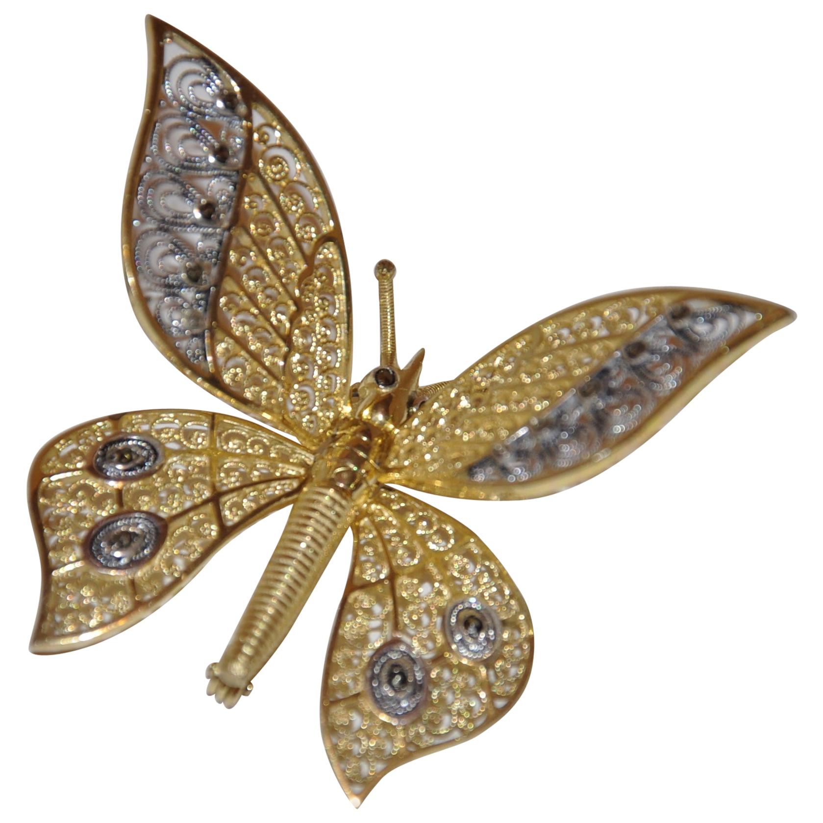 Alice Caviness Sterling Silver with Gold Overlay Moveable Butterfly Wings Brooch