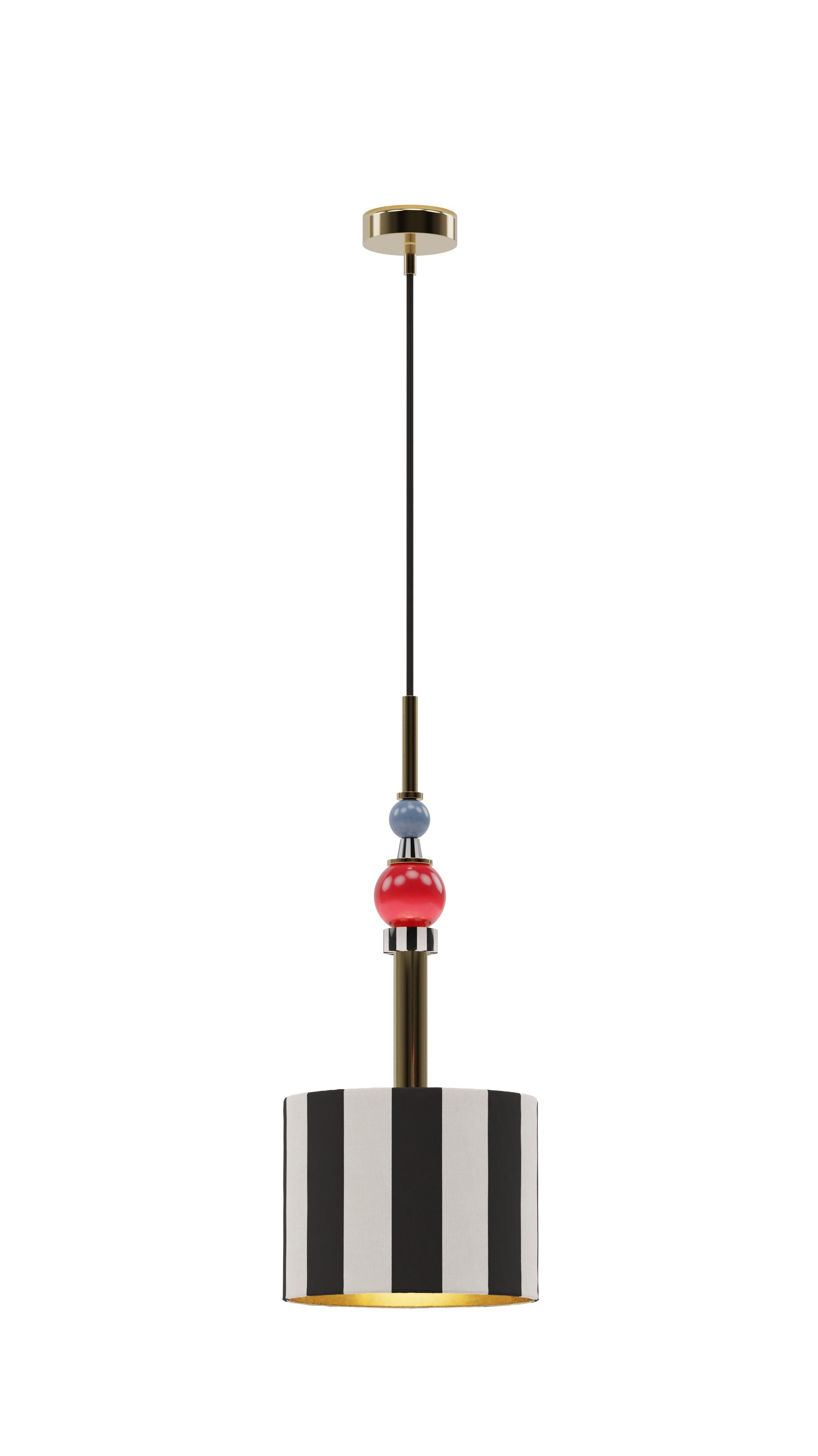 Alice ceiling lamp, Royal Stranger

Dimensions
Width 25cm, height 62cm (without cable) depth 25cm

Metals
Brass, copper or stainless steel in polished or brushed finish.

Inspired by the femininity and using bold and vibrant color schemes,