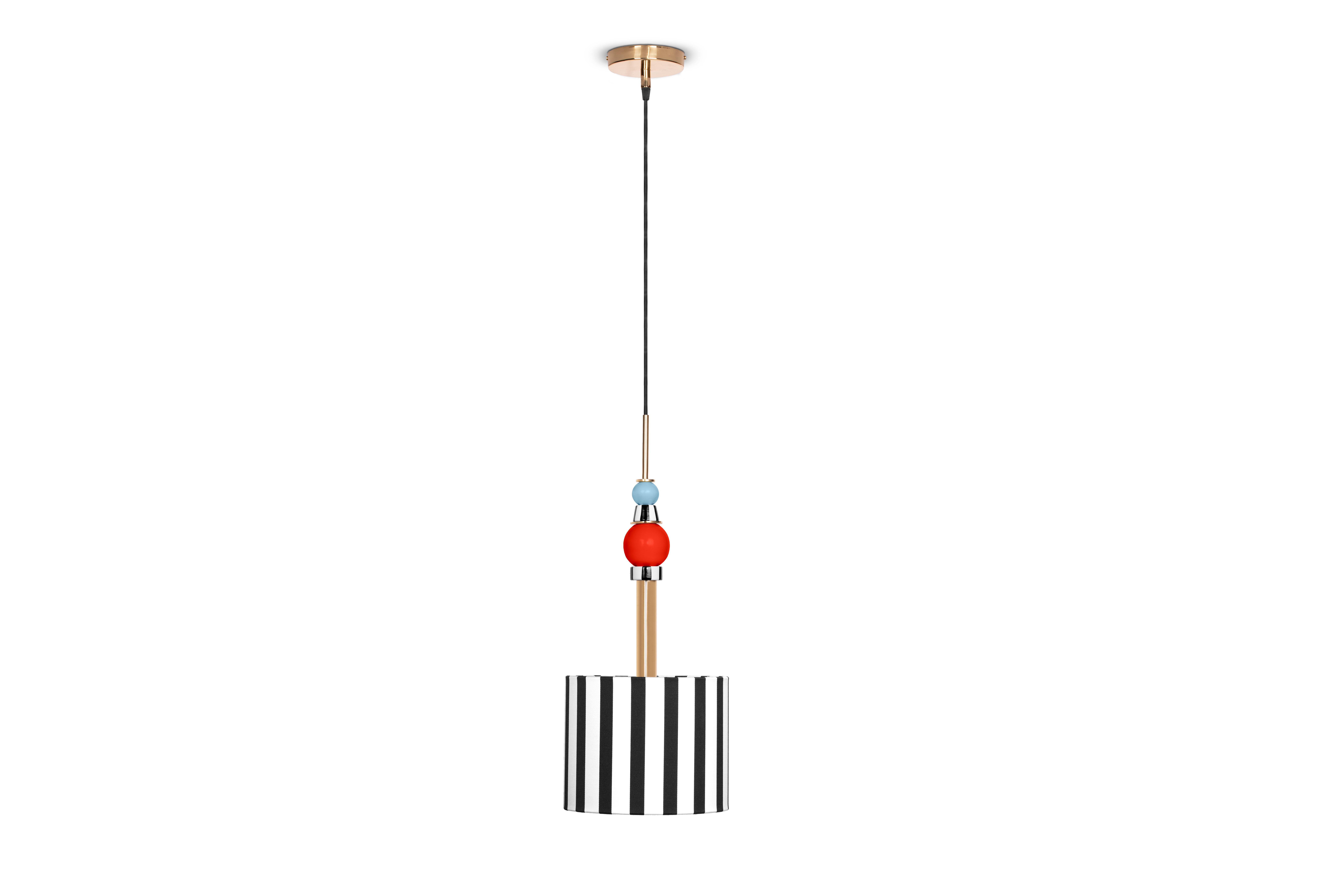 Alice ceiling lamp, Royal Stranger
Dimensions
Width 25cm, height 62cm (without cable) depth 25cm

Metals
Brass, copper or stainless steel in polished or brushed finish.

Inspired by the femininity and using bold and vibrant color schemes, this