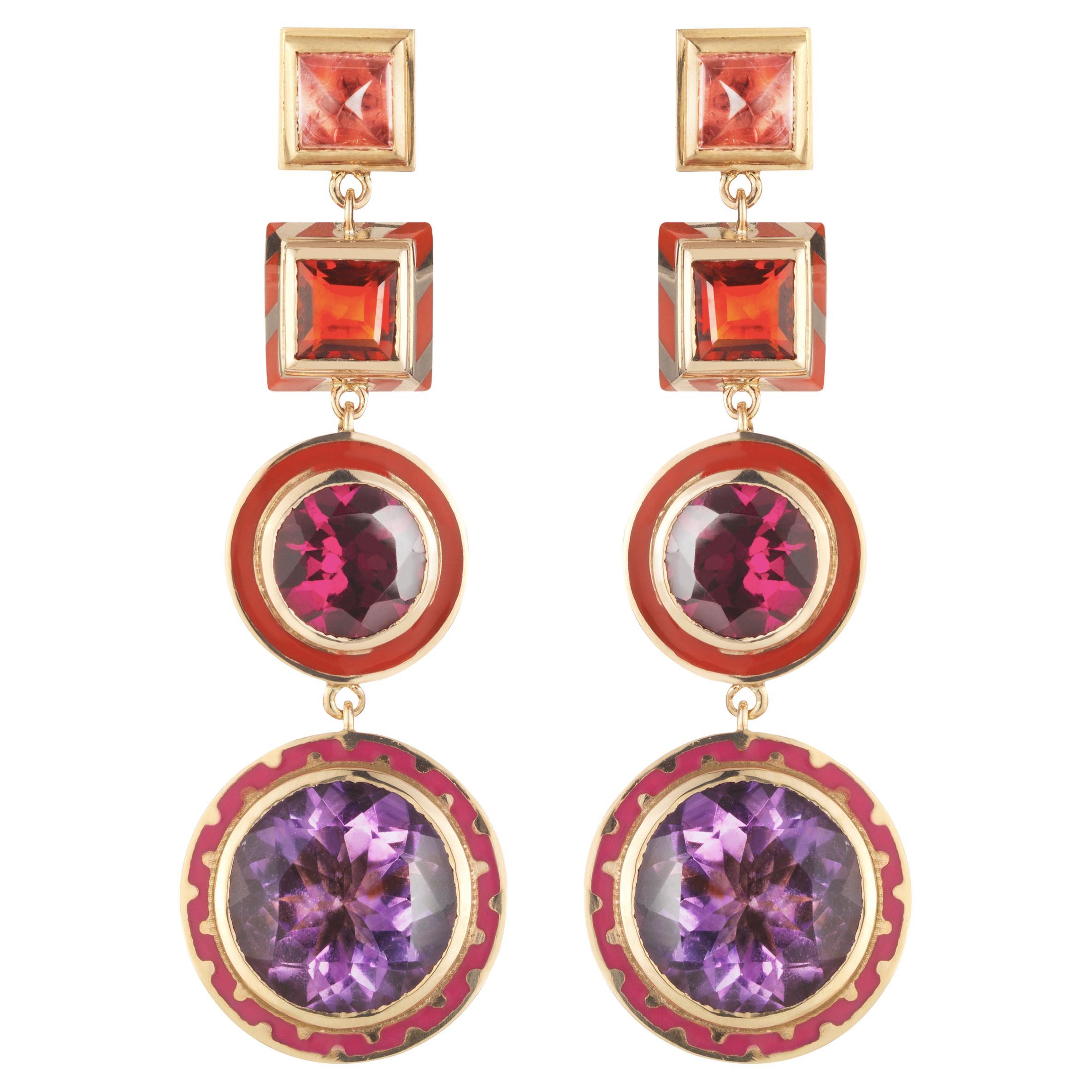 Alice Cicolini's 14k Gold, Enamel and Amethyst Candy Lacquer Chandelier Earrings For Sale