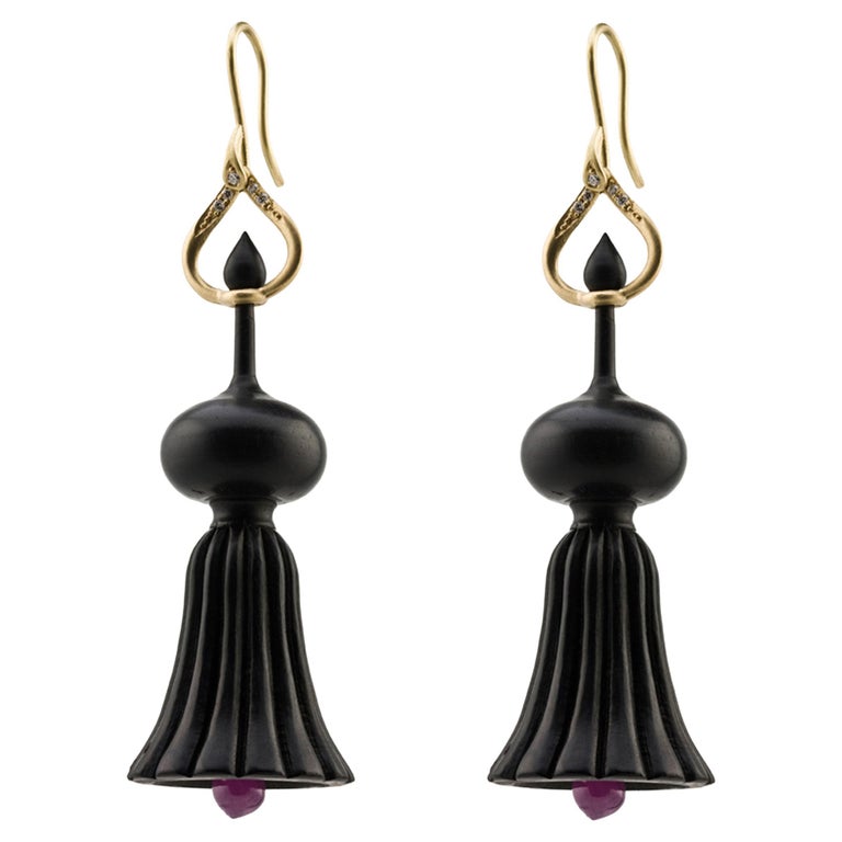 Alice Cicolini's Handcarved Ebony Diamond And Ruby Indian Temple Fluted Earrings