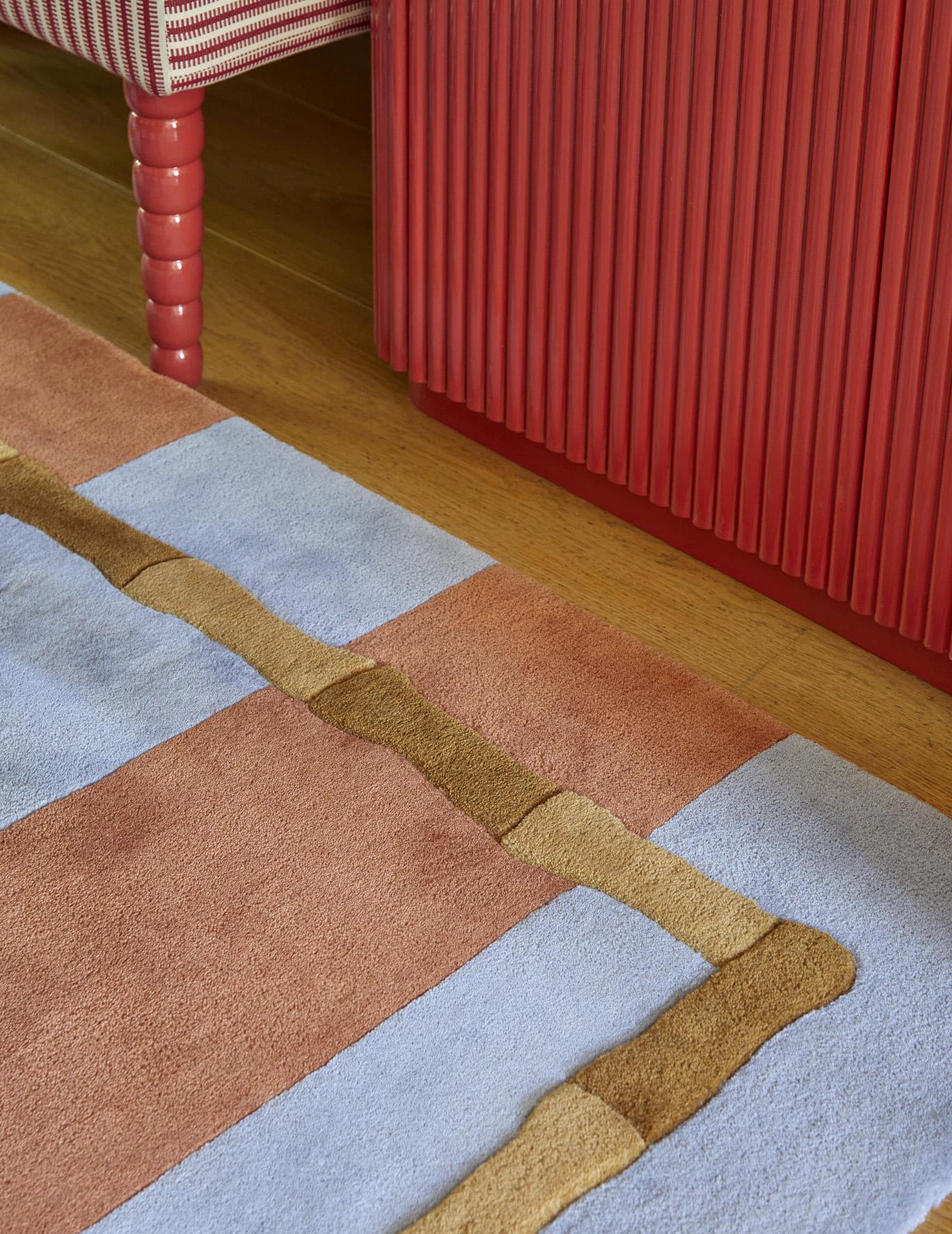 Modern Alice Crawley Bamboo Stripe Wool Rug Blue Rust For Sale