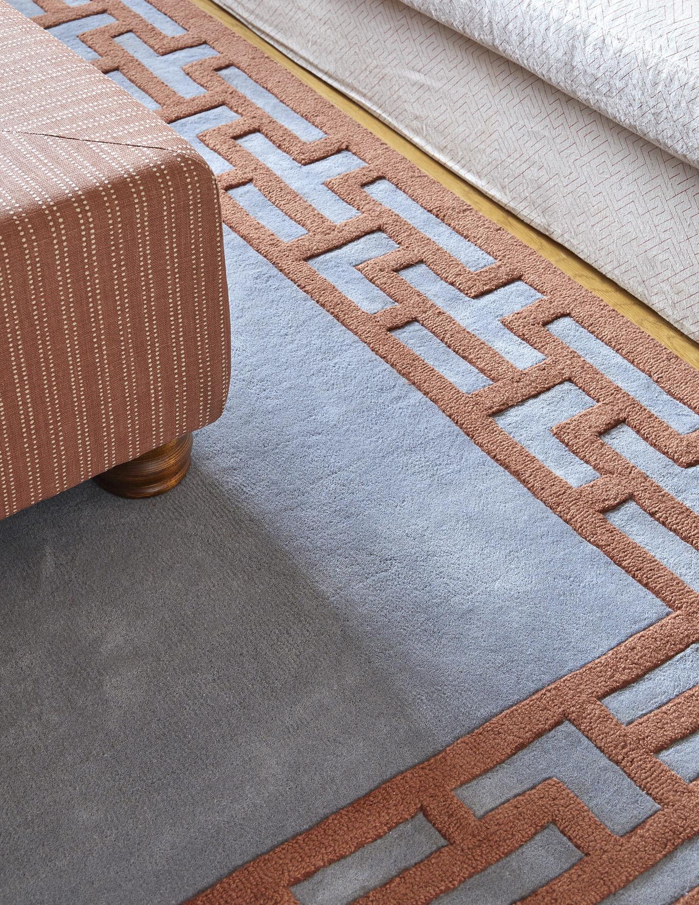 Modern Alice Crawley Indochine Wool Rug Blue Rust For Sale