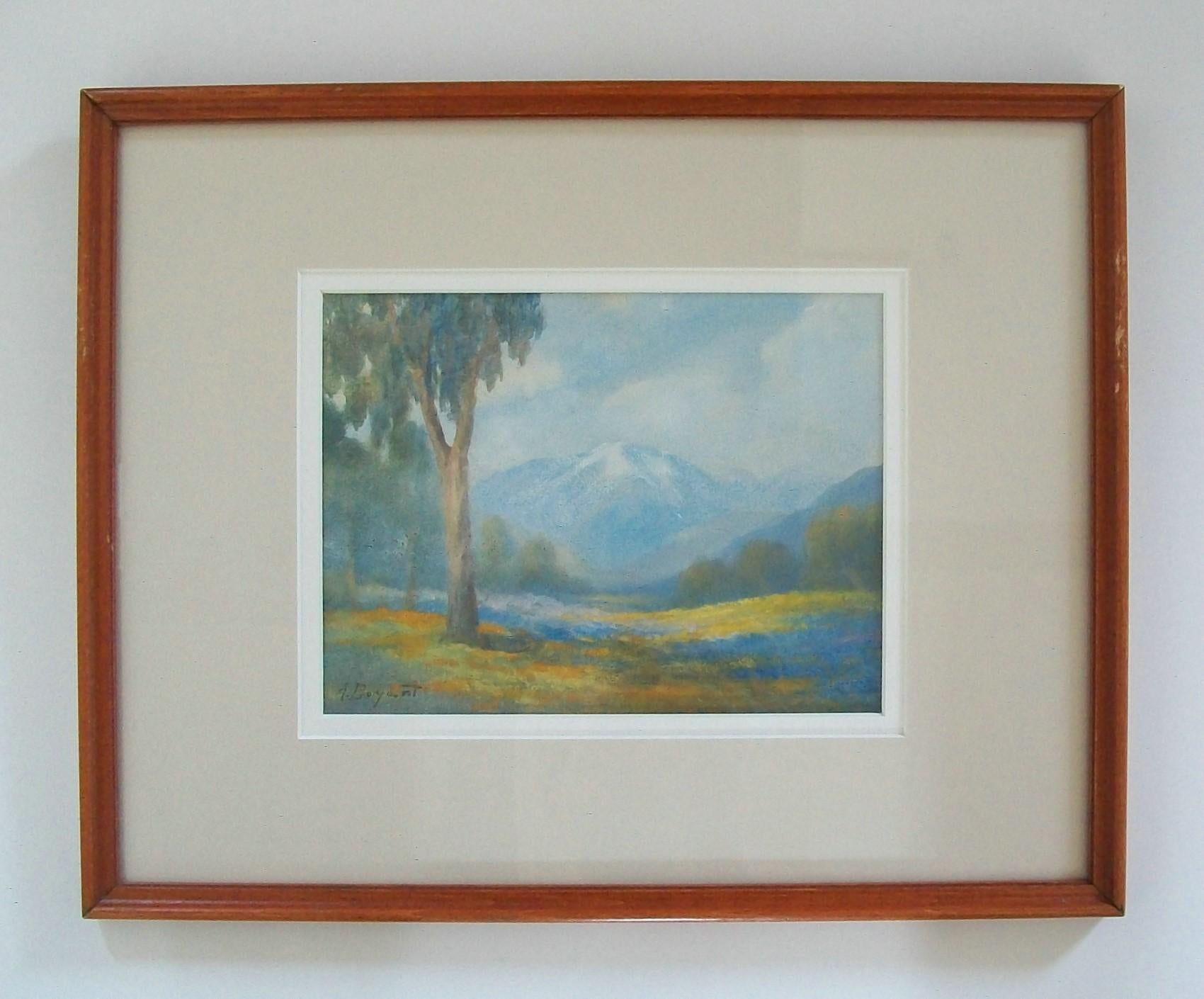 ALICE DANIELS BRYANT (1879-1944) - California Impressionist watercolor painting - featuring a mountain view with Eucalyptus trees and bluebonnets in the foreground - double bevel edged matte boards under glass - vintage stained wood frame - signed