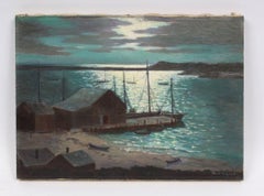 Antique Woman Artist Impressionist Moonlit Harbor Seascape Signed Oil Painting