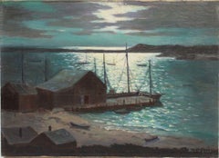 Antique Woman Artist Impressionist Moonlit Harbor Seascape Signed Oil Painting