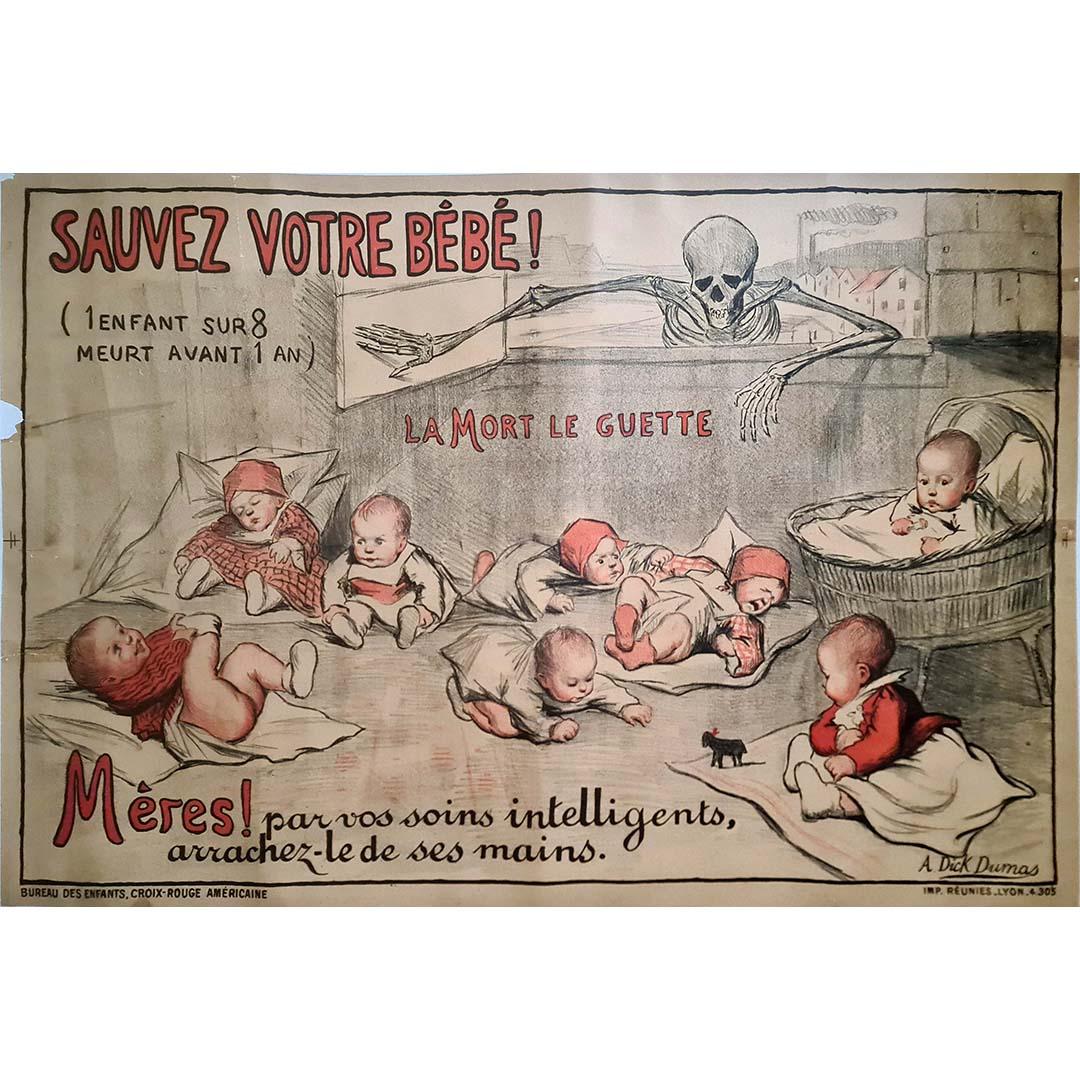 Alice Dick Dumas' Originalplakat von 1918 mit dem Titel "Sauvez Votre Bébé ! La Mort Le Guette?" (Retten Sie Ihr Baby! Death Lurks) ist eine ergreifende Erinnerung an die Herausforderungen einer vergangenen Ära und ein Zeugnis für die Kraft der