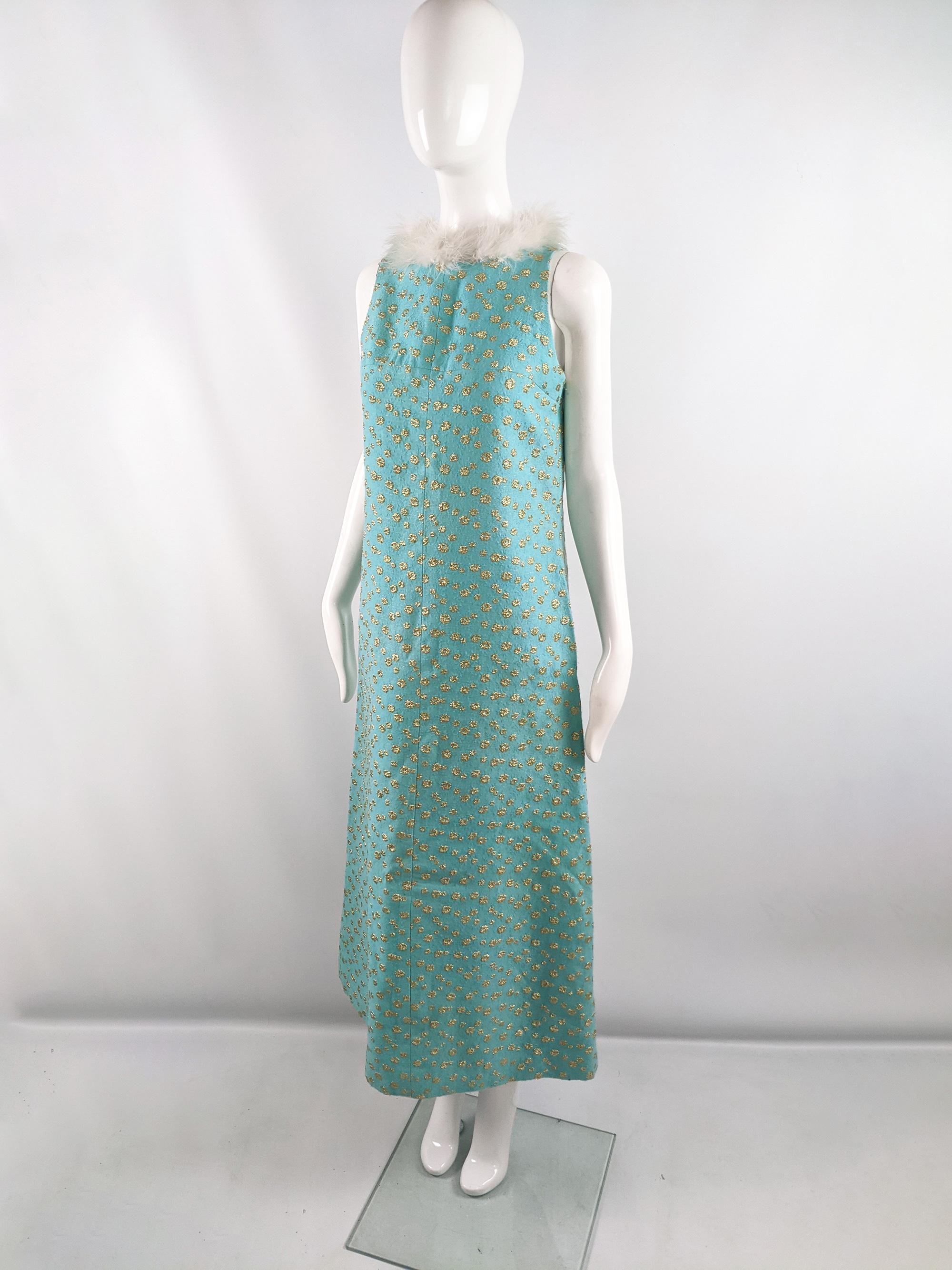 Blue Alice Edwards Vintage Turquoise & Gold Brocade Evening Party Column Dress 1960s