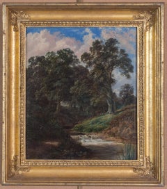 Antique A small oil painting of Deer in a Forest, late 19th century
