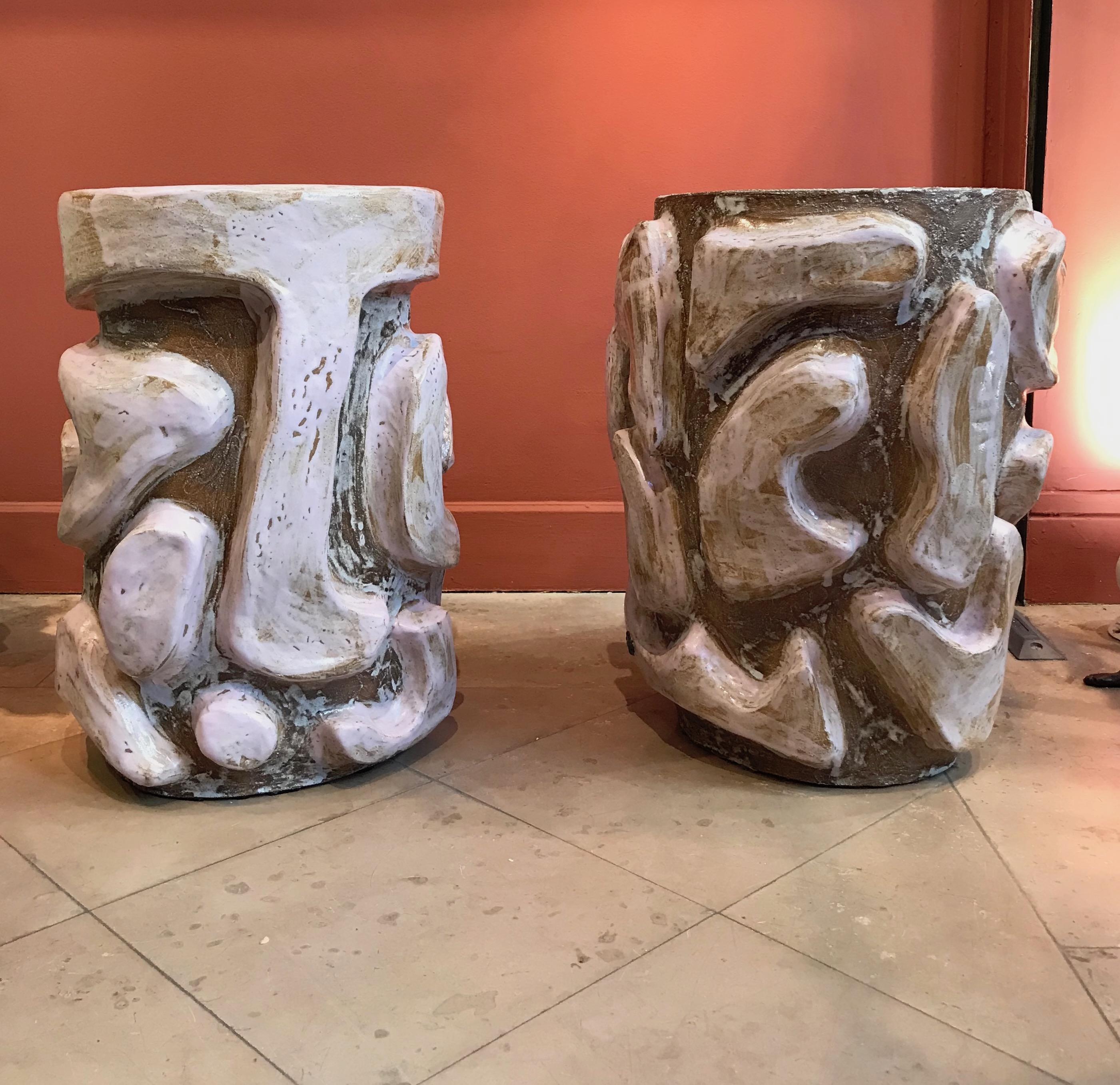 Alice Gavalet 2018, pair of unique side tables, enameled sandstones, measures: Height 50 cm, diameter of top 35 cm, unique piece, signed.
Alice Gavalet
Born in 1978, lives and works in France.
Education
2003 ?Diploma in Industrial Design, Ecole