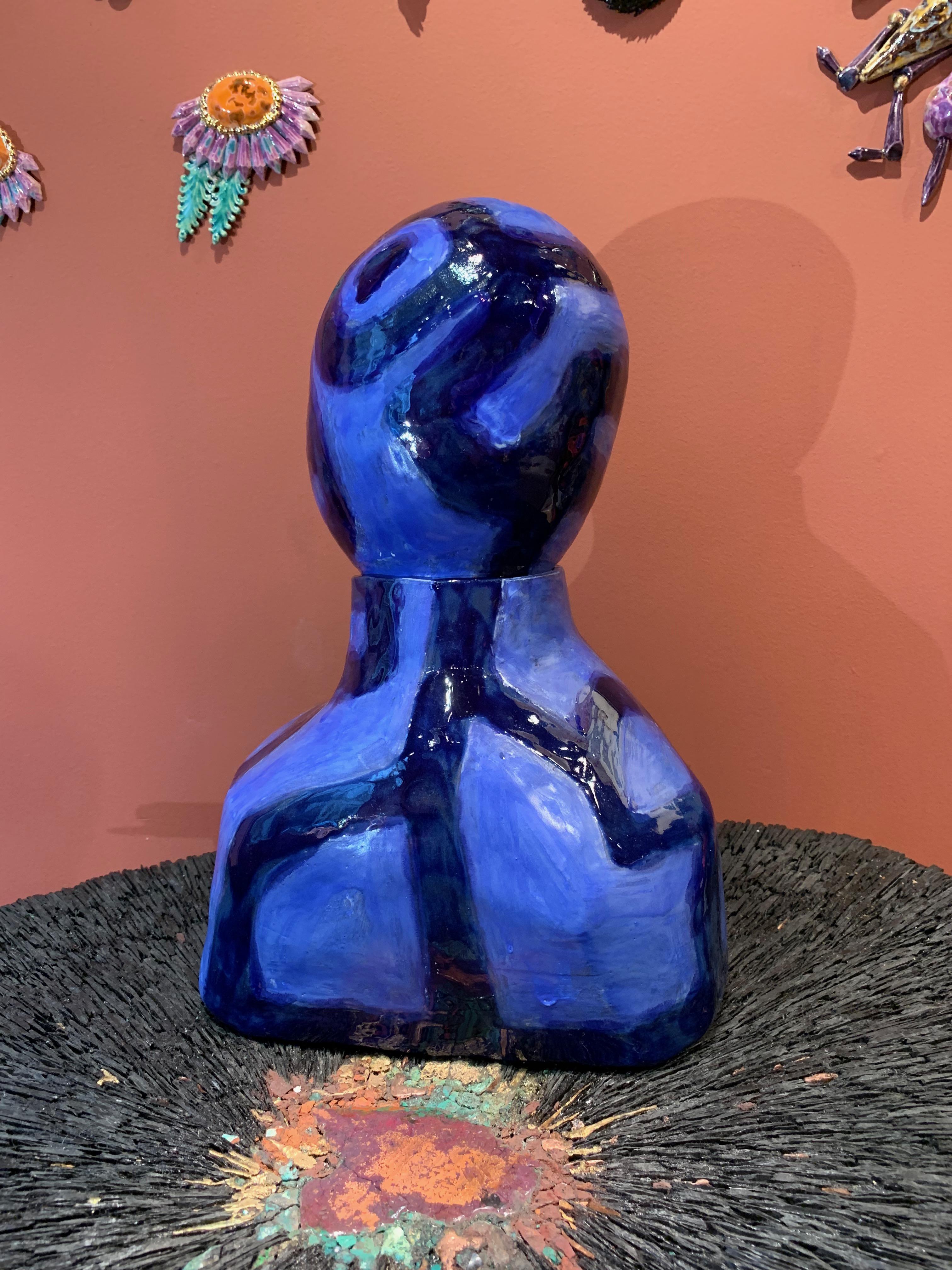 French Alice Gavalet, Paris, 21st Century, Unique Blue Ceramic Bust Pot