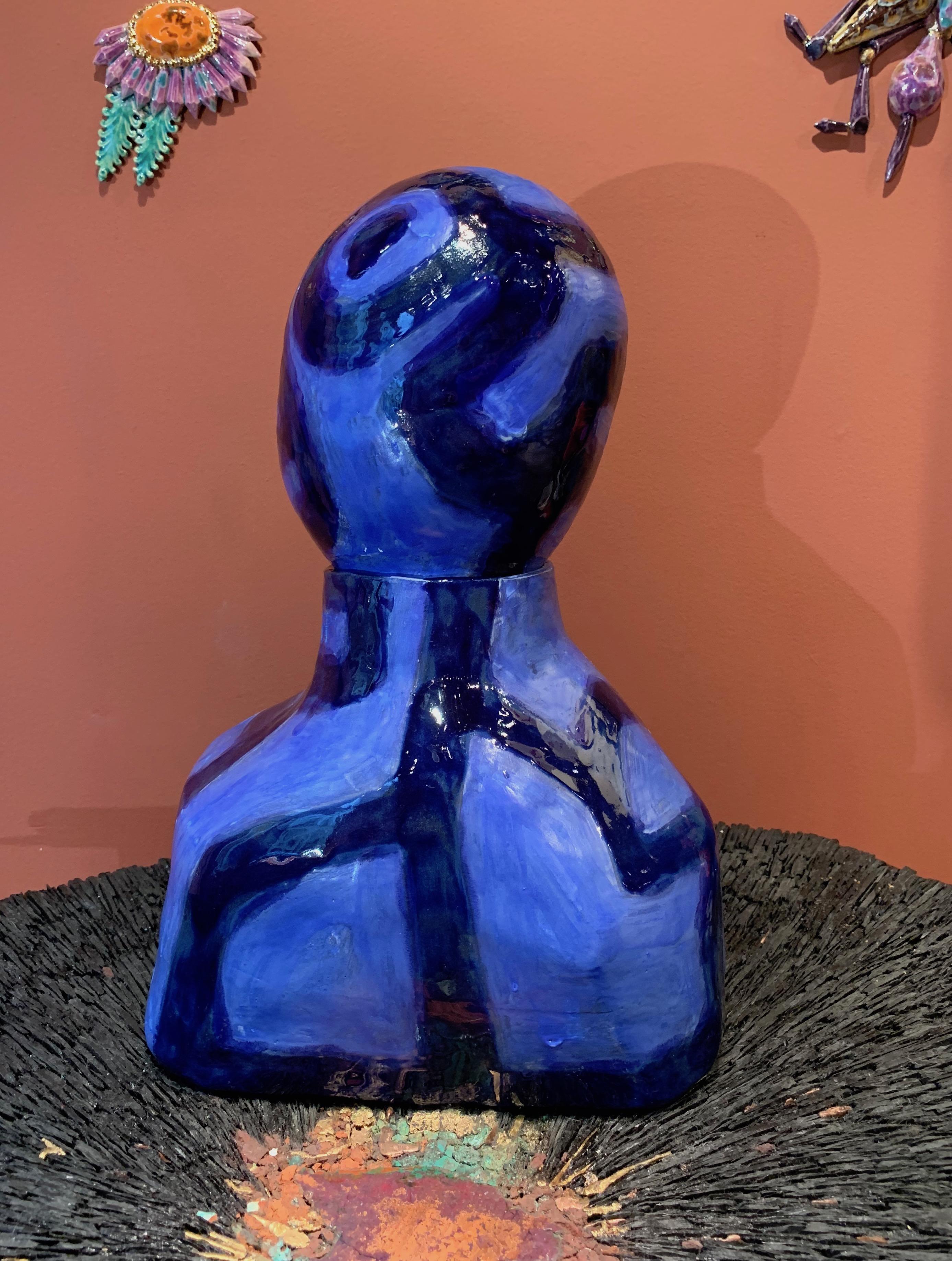 Enameled Alice Gavalet, Paris, 21st Century, Unique Blue Ceramic Bust Pot
