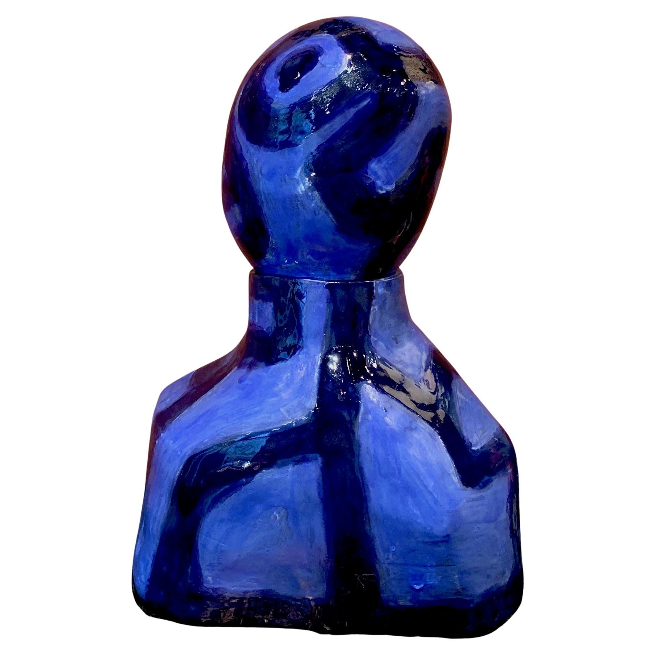 Alice Gavalet, Paris, 21st Century, Unique Blue Ceramic Bust Pot For Sale  at 1stDibs