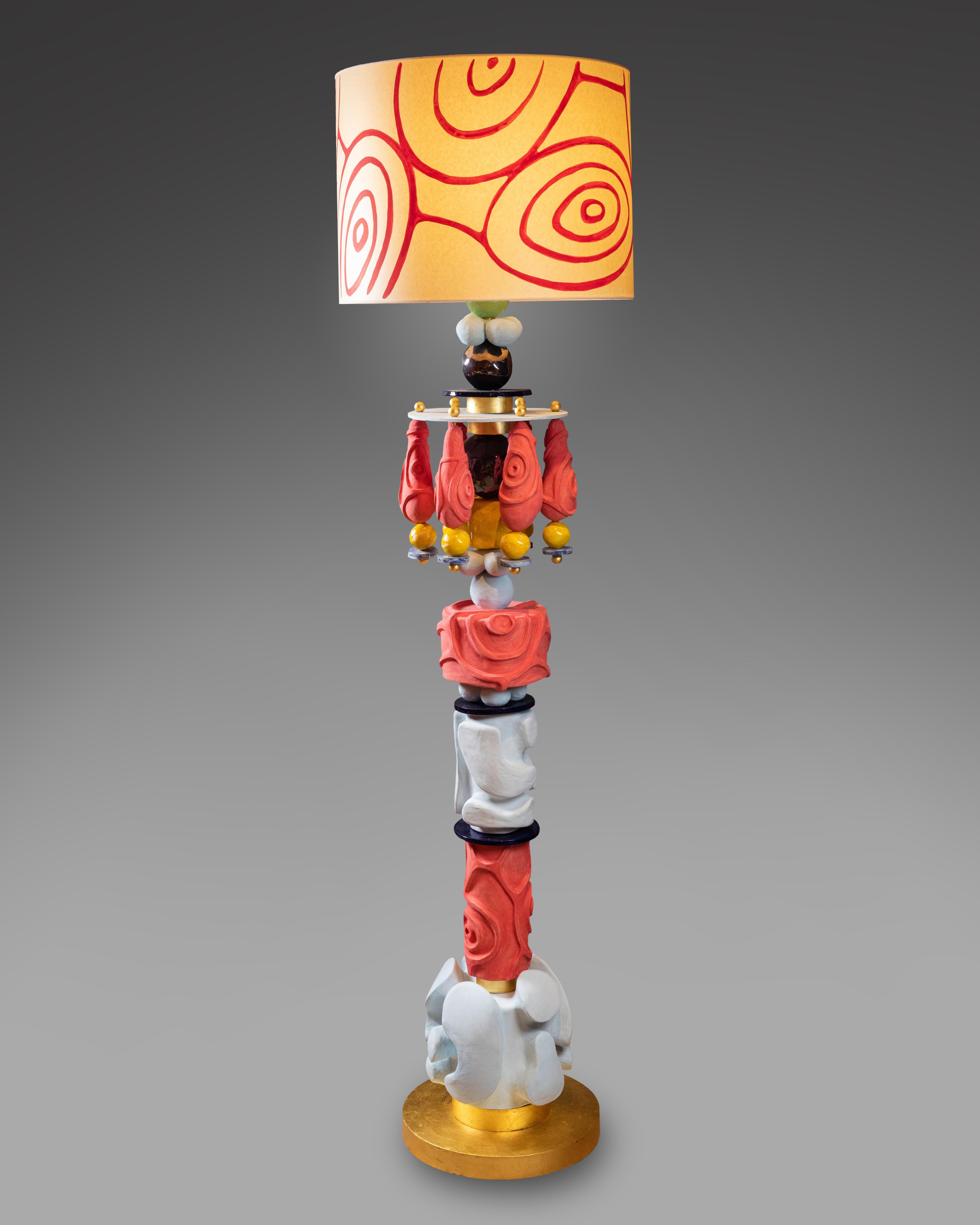 Alice Gavalet, unique high floor lamp La Pavlova, enameled ceramic, unique piece, signed. The base of the lamp is steel patinated with gold leaves.
With hand painted lampshade, lamp is H 194 cm, D 50 cm
Without hand painted lampshade, lamp is H