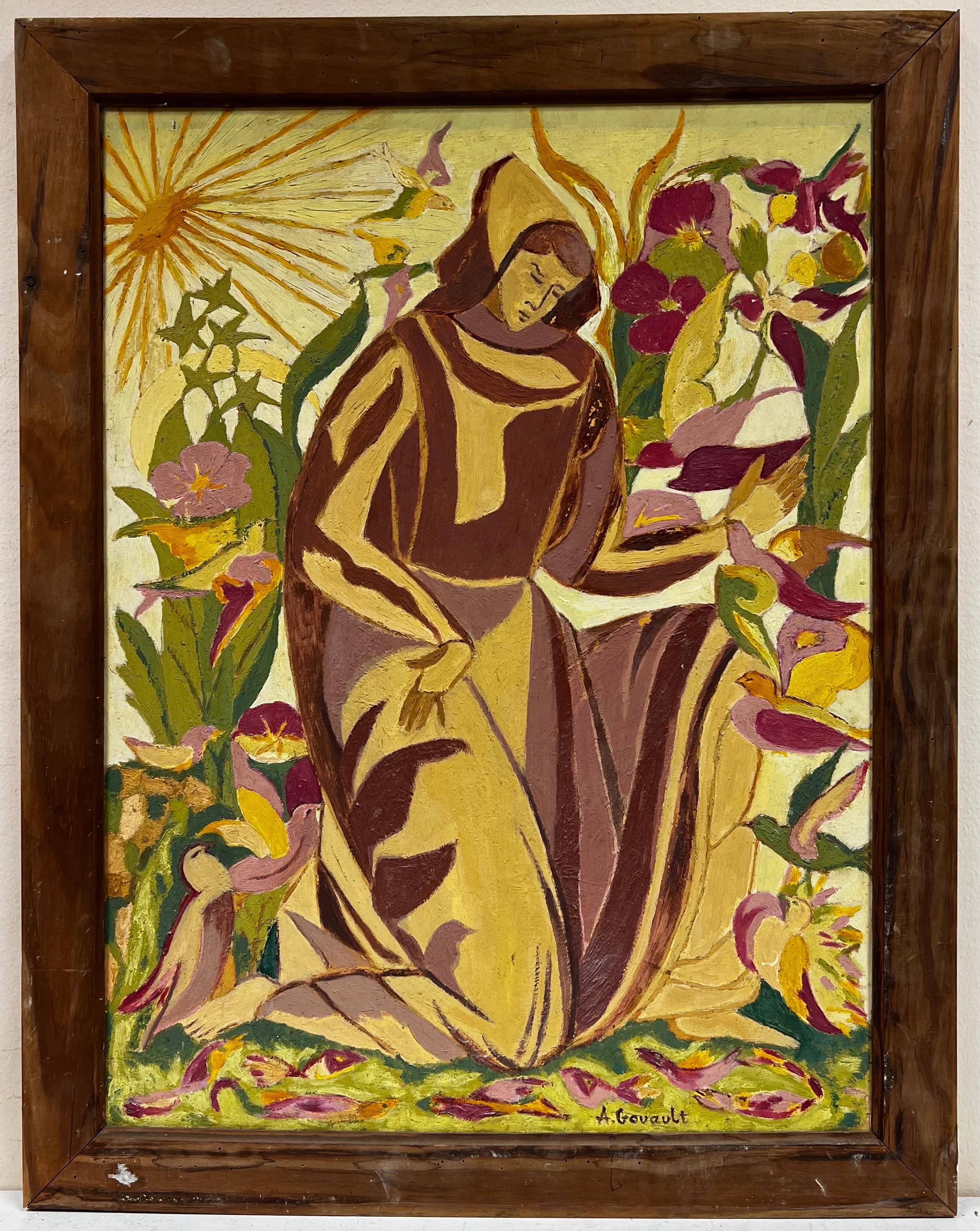 Mid 20th Century French Symbolist Oil St. Francis of Assisi in Garden, signed - Painting by Alice Goualt