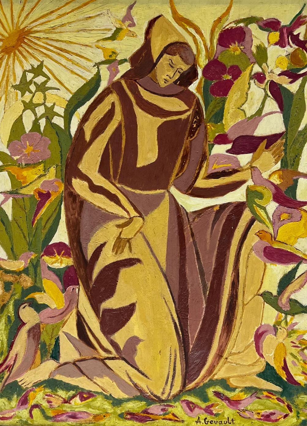 Alice Goualt Interior Painting – Französisches symbolistisches Ölgemälde St. Francis of Assisi im Garten, signiert, Mitte des 20. Jahrhunderts