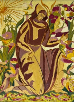 Huile symboliste française du milieu du 20e siècle représentant Saint François d'Assisi dans un jardin, signée