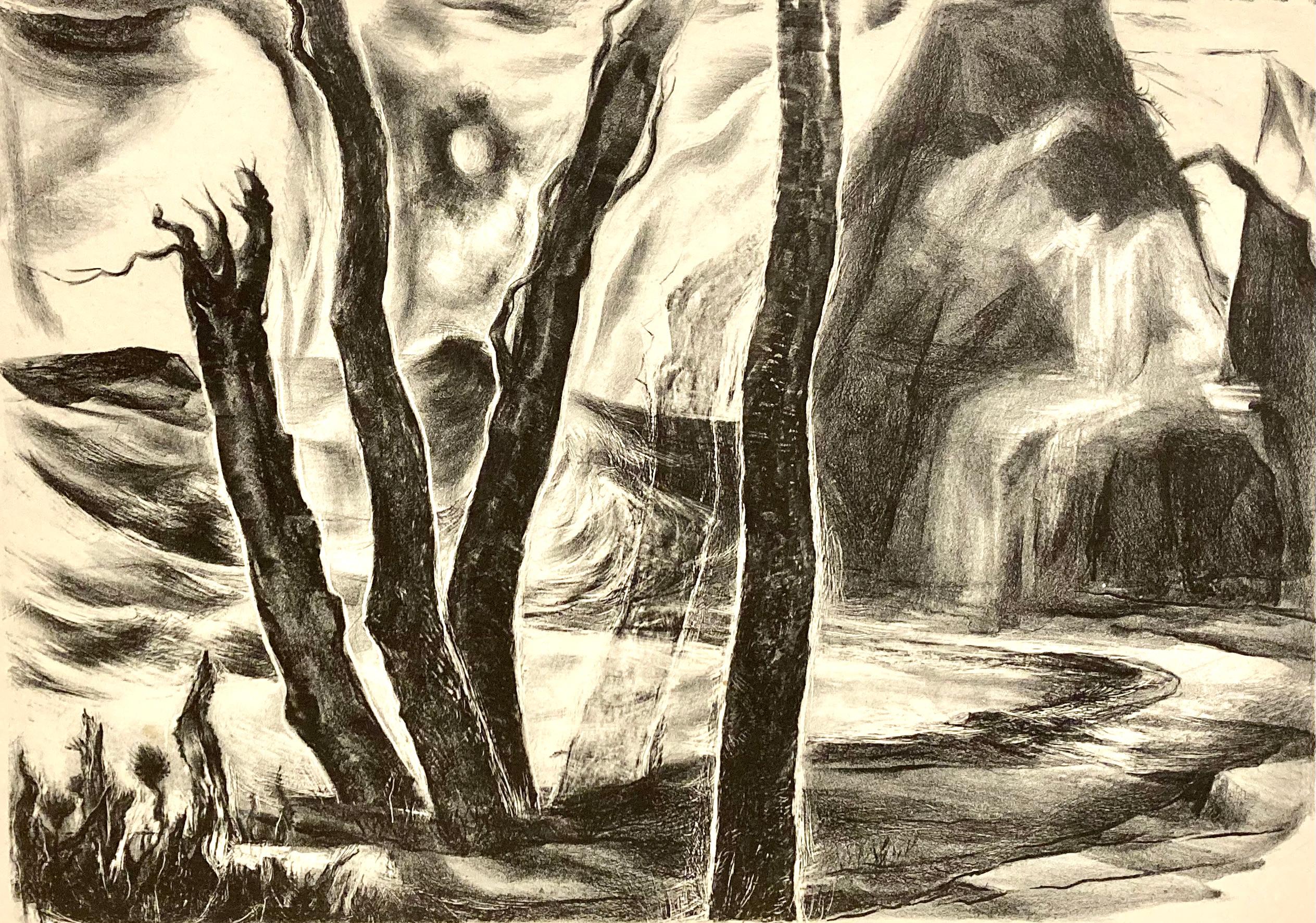 This is an enigmatic image. Between the two center/left trees there appears to be a figure, possibly a woman. At the right, seated on a rock, is a man, in robes. Religious images are called to mind.
Signed and titled in pencil.
