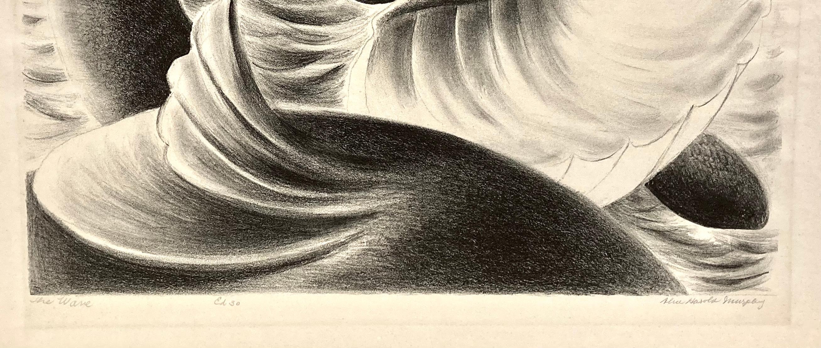 The title, The Wave, lends itself to suggesting that the woman (with her long, flowing hair) is personifying the wave. Or is she one with the wave? Is she pushing the water in perhaps? She seems to be encountering a shell and another sea creature