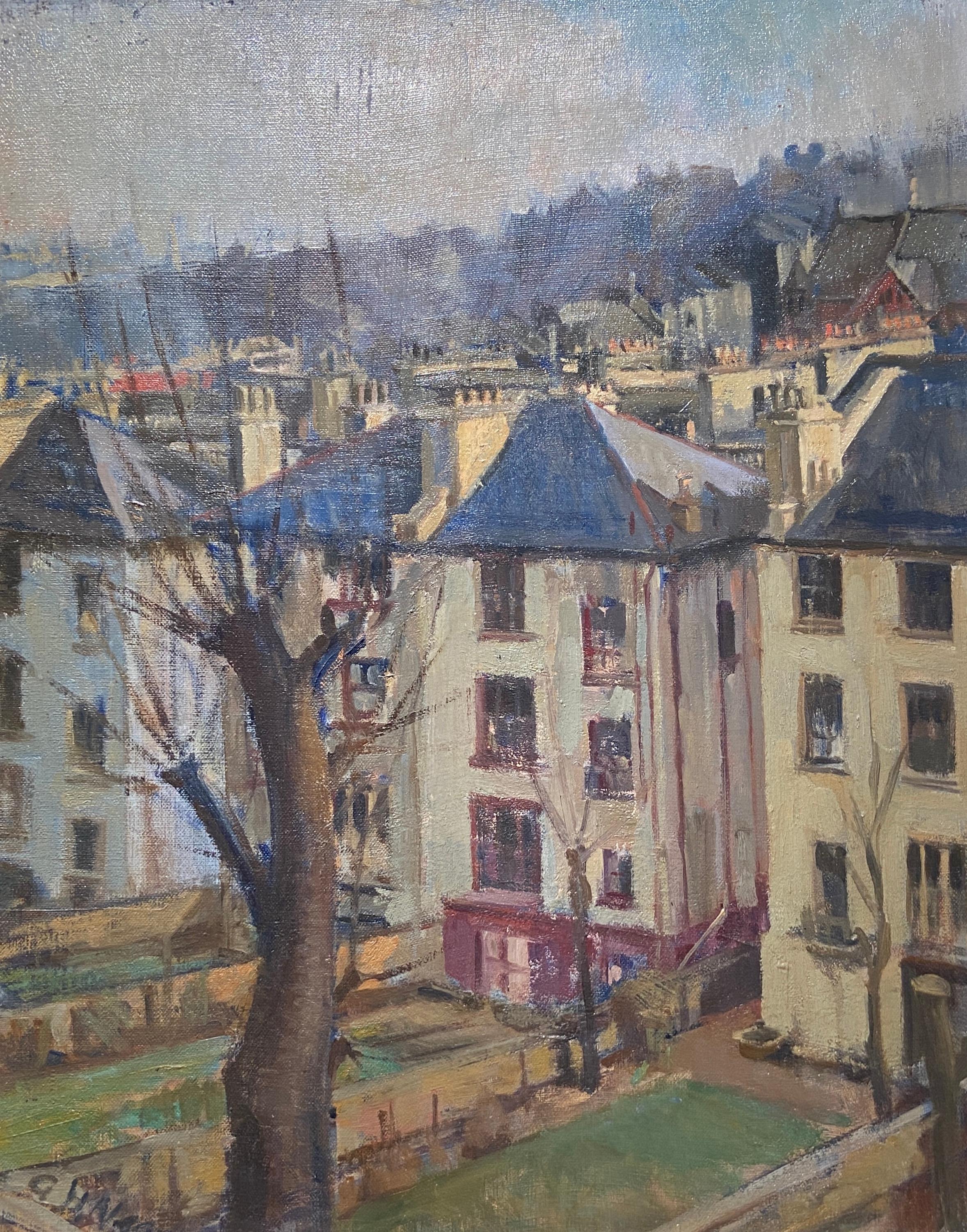 Backgardens, Oil on canvas, 20th century painting, Contemporary style frame