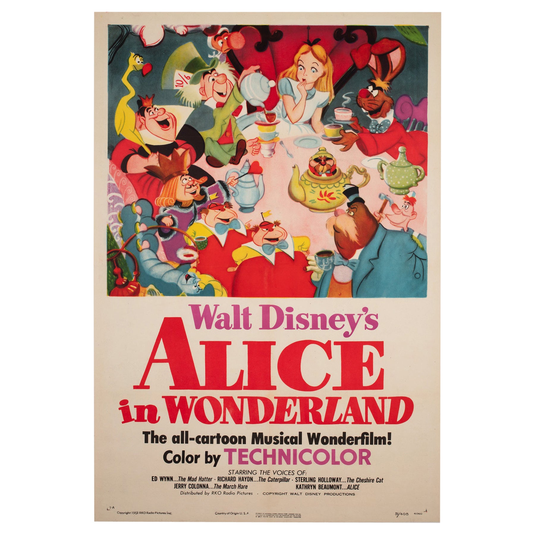 Alice in Wonderland 1951 US 1 Sheet Film Poster, Disney