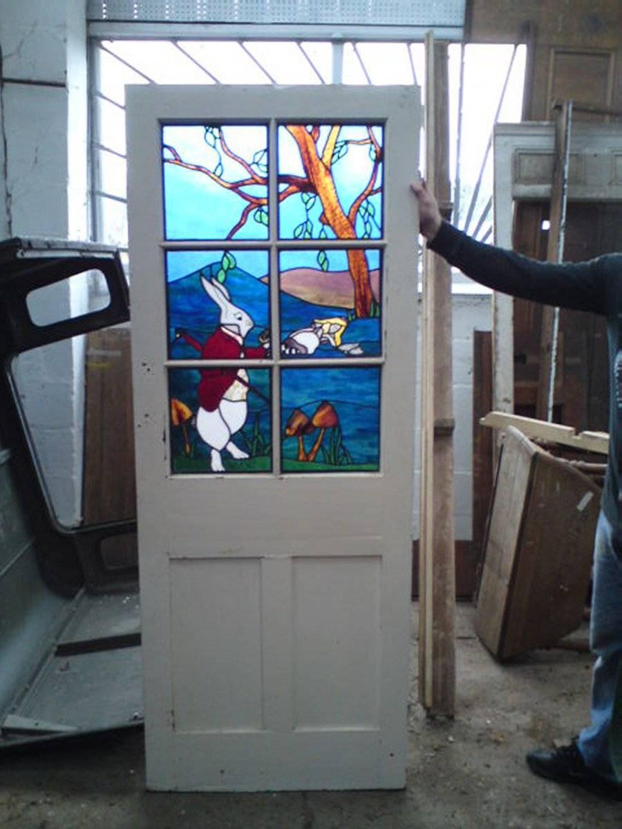 Stained Glass Alice in Wonderland, A Five Piece Suite of Stained and Leaded Glass Doors. For Sale