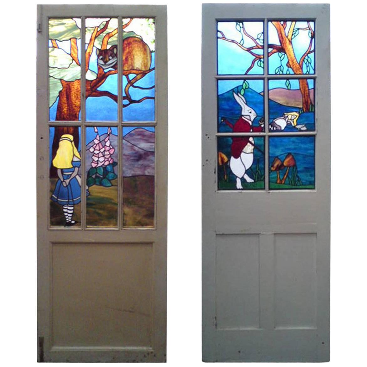 Alice in Wonderland, A Five Piece Suite of Stained and Leaded Glass Doors.