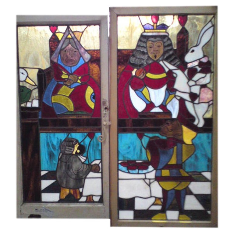 Alice in Wonderland, A Five Piece Suite of Stained and Leaded Glass Doors. For Sale