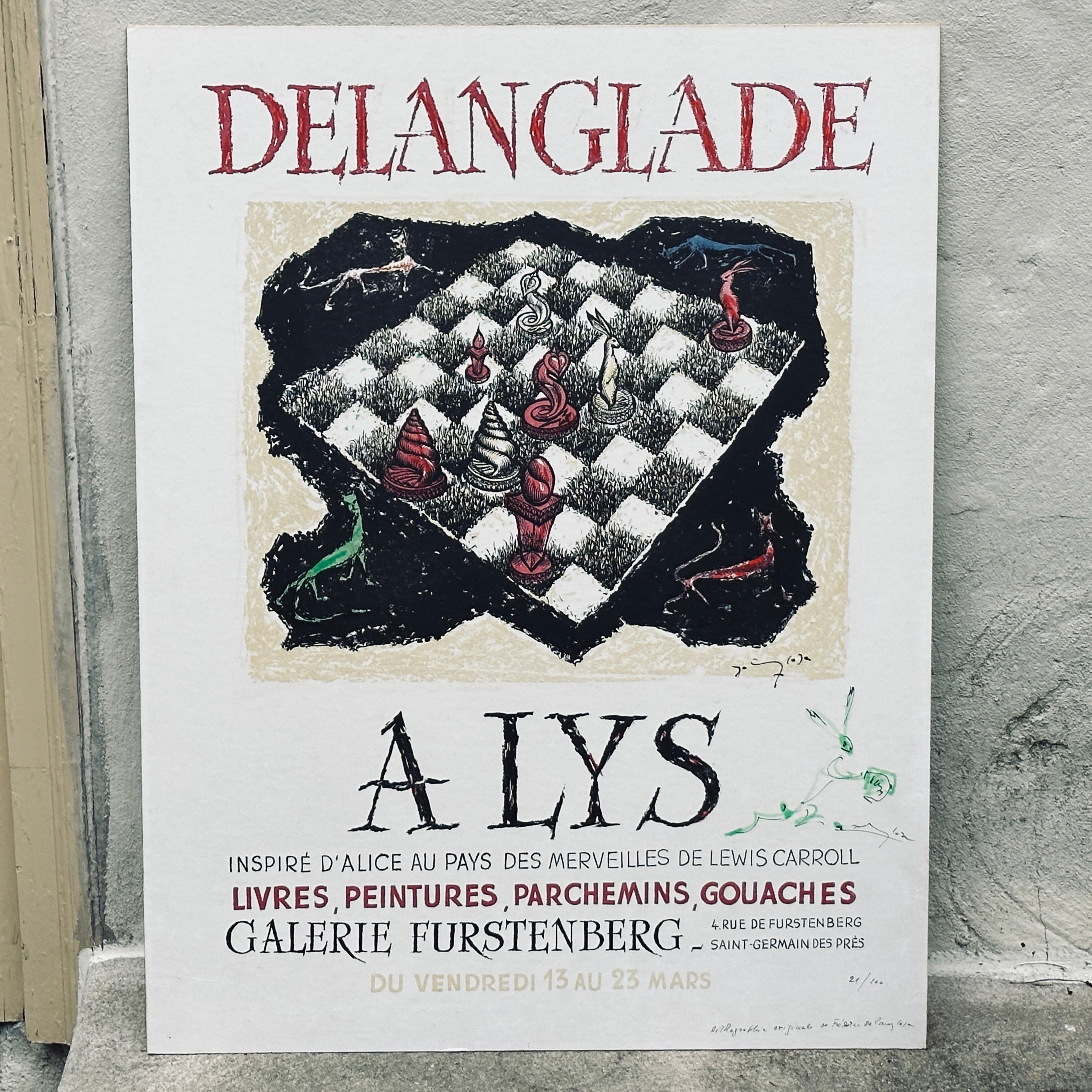 Original französische Lithographie von Frédéric Delanglade (1907-1970) handsigniert und nummeriert. Plakat der Galerie Furstenberg für die surrealistischen Kunstwerke von Delanglade, inspiriert von Lewis Carrolls Alice im Wunderland. Wir haben es