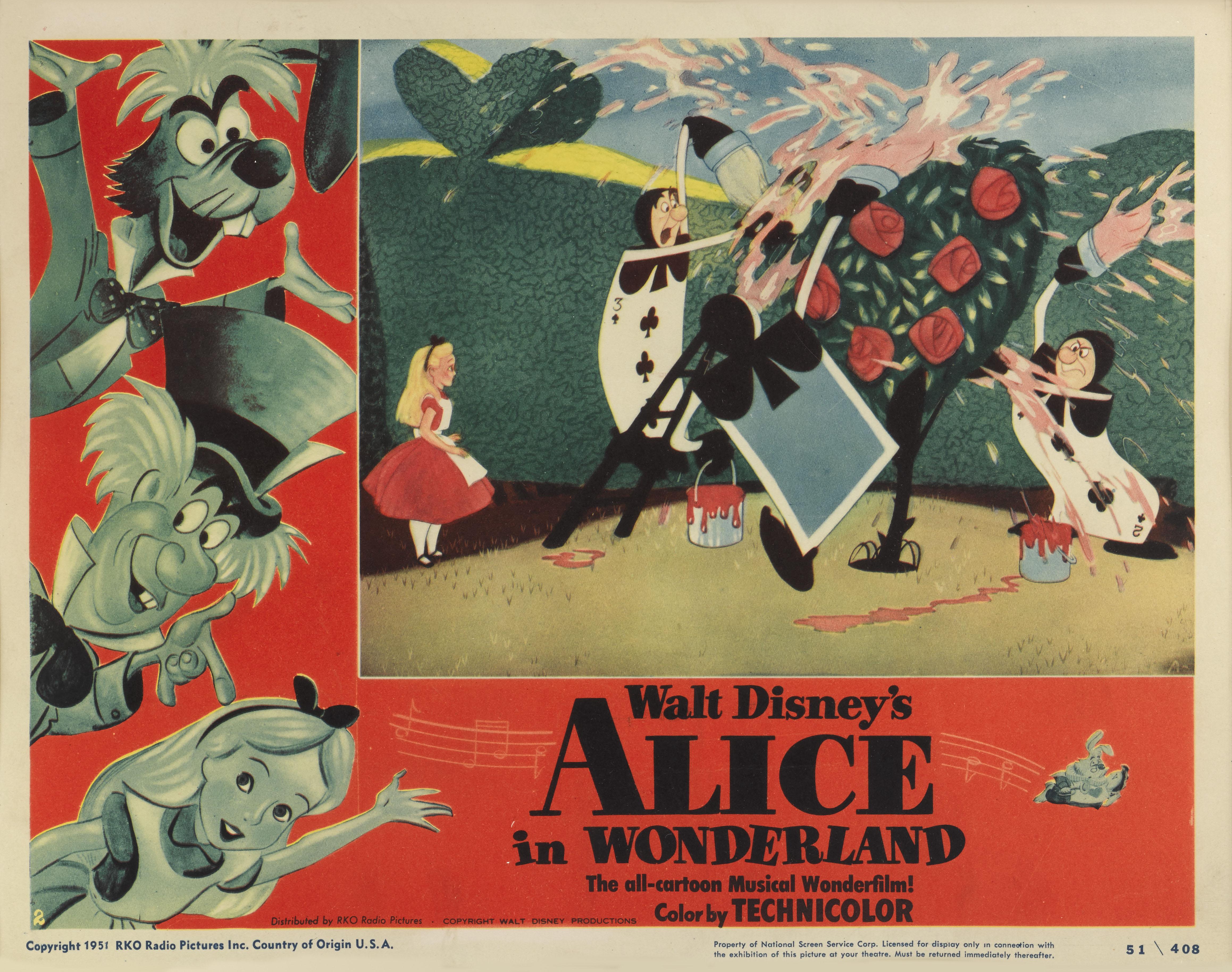 Original gerahmte US-Lobbykarte von 1951.
Alice im Wunderland wurde 1951 von Walt Disney veröffentlicht und basiert auf den Alice-Büchern von Lewis Carroll. Es war der dreizehnte Zeichentrickfilm, den Disney produzierte. Walt Disney hatte in den