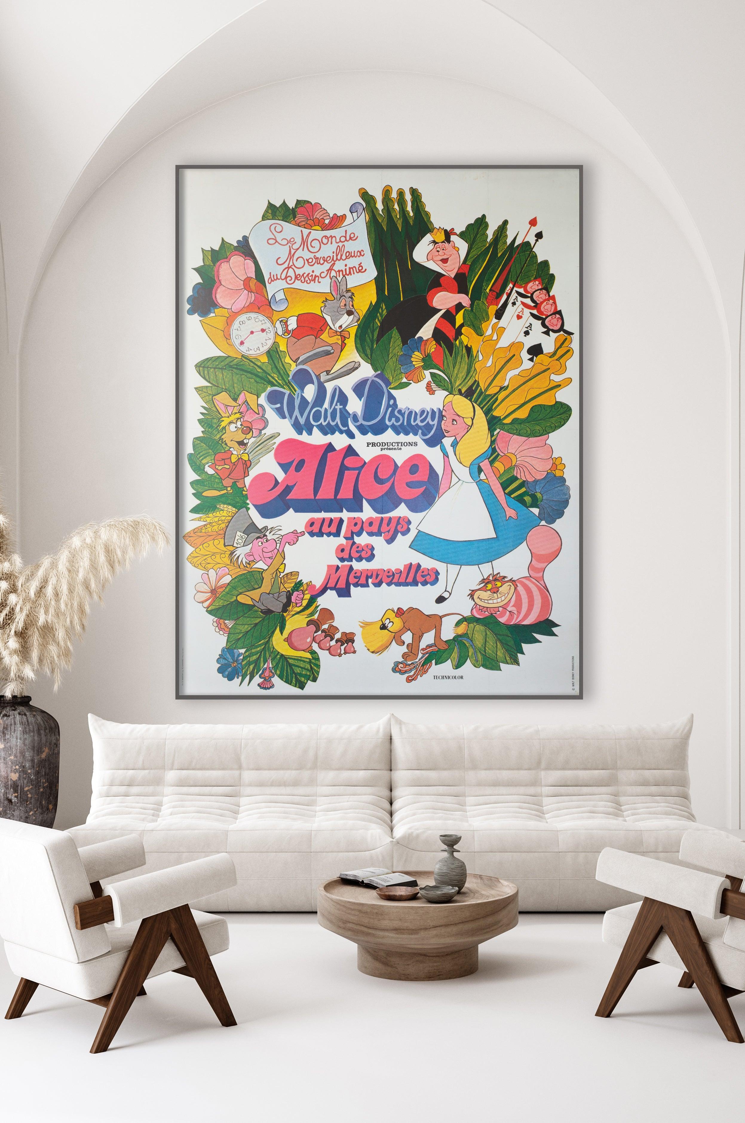 Original Alice in Wonderland R1970s French Grande Film Poster. Lovely 70s re-release for Disney's animated classic. Sure to brighten any room it hangs in!

This original vintage movie poster has been professionally linen-backed is sized an