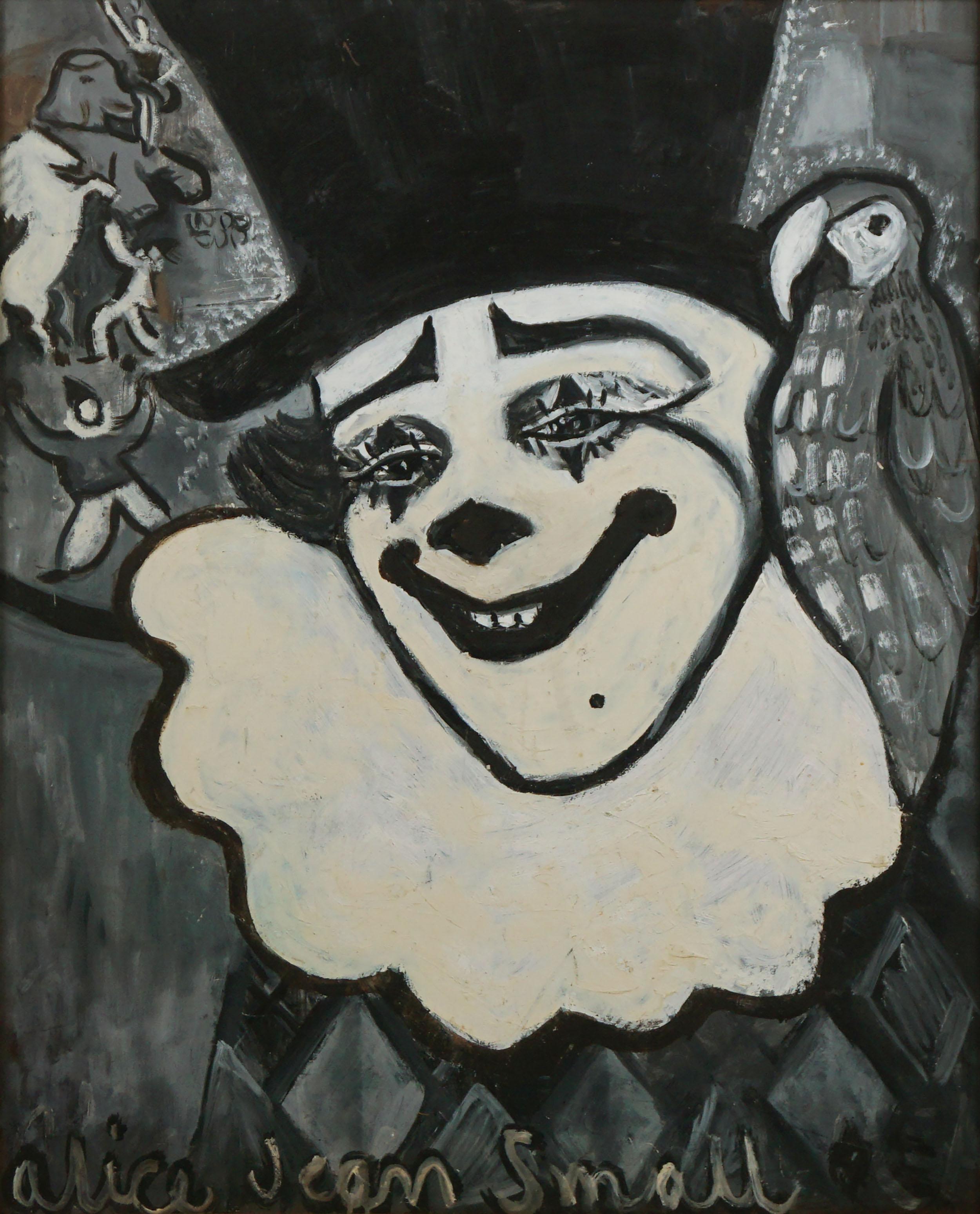 Vintage Pierrot et Perroquet Clown Original Öl Figurative Vintage – Painting von Alice Jean Small