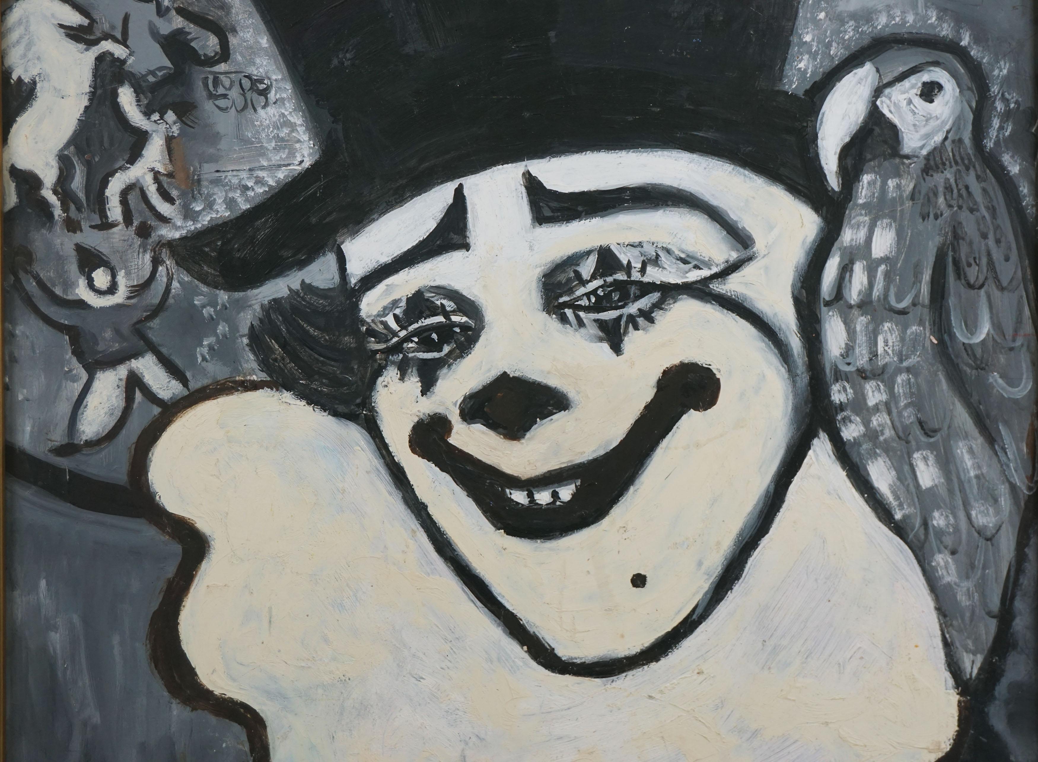 Vintage Pierrot et Perroquet Clown Original Öl Figurative Vintage (Amerikanischer Impressionismus), Painting, von Alice Jean Small