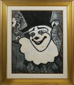 Retro Pierrot et Perroquet Clown Original Oil Figurative