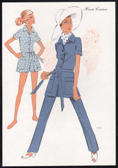 French Mid-Century 1970s Fashion Design Vintage Lithograph Print